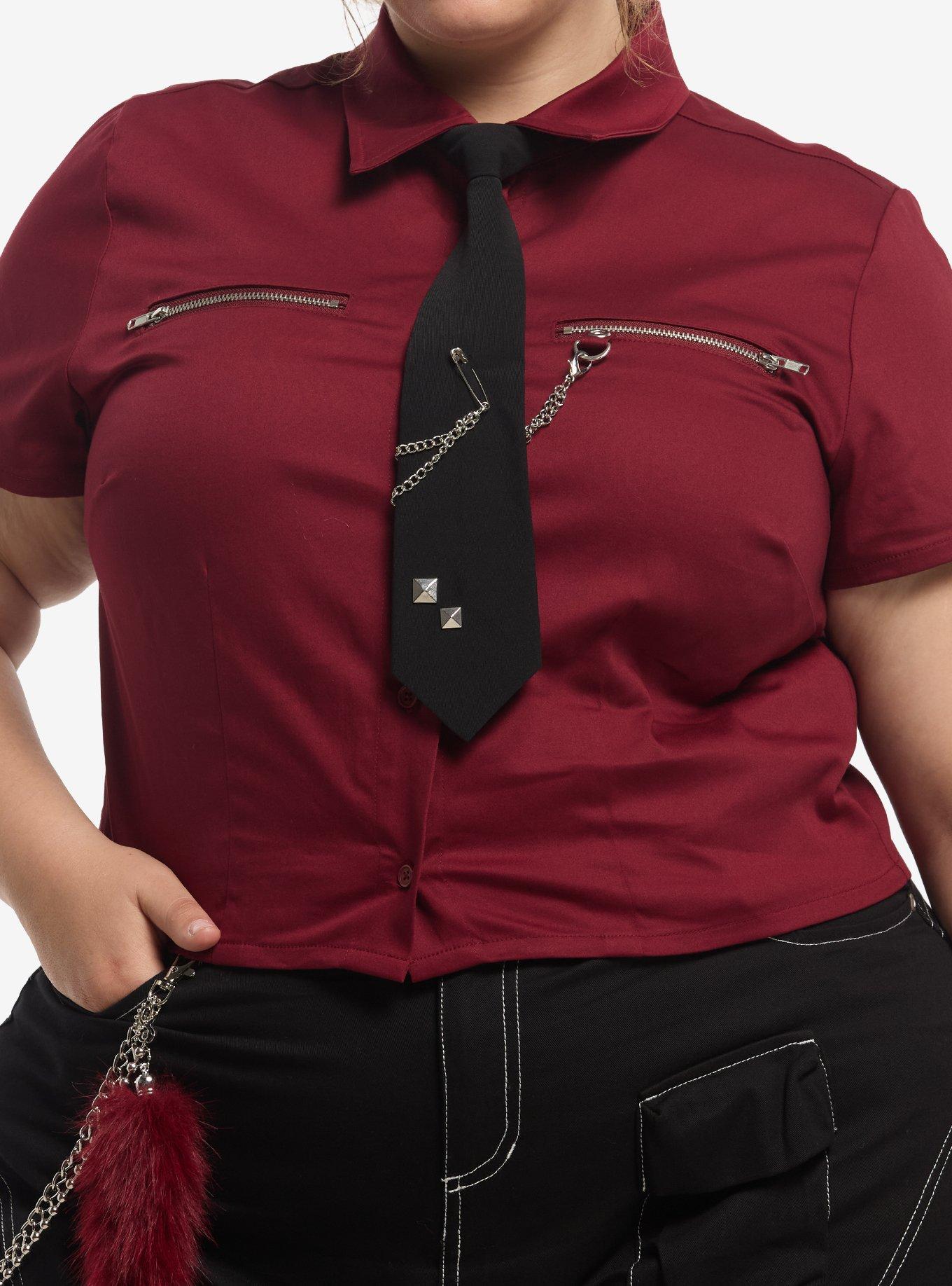 Social Collision Burgundy Crop Girls Woven Button-Up With Tie Plus Size, , hi-res