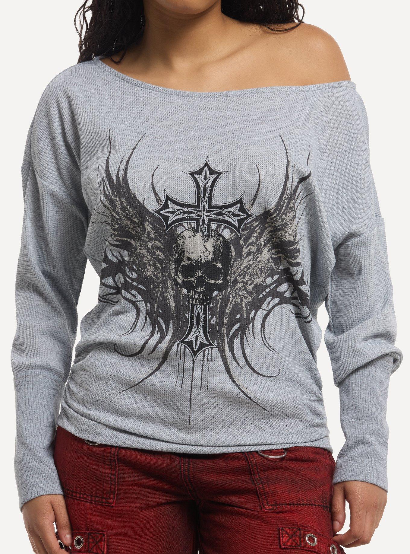 Social Collision Winged Skull Cross Girls Off-Shoulder Sweater, , hi-res