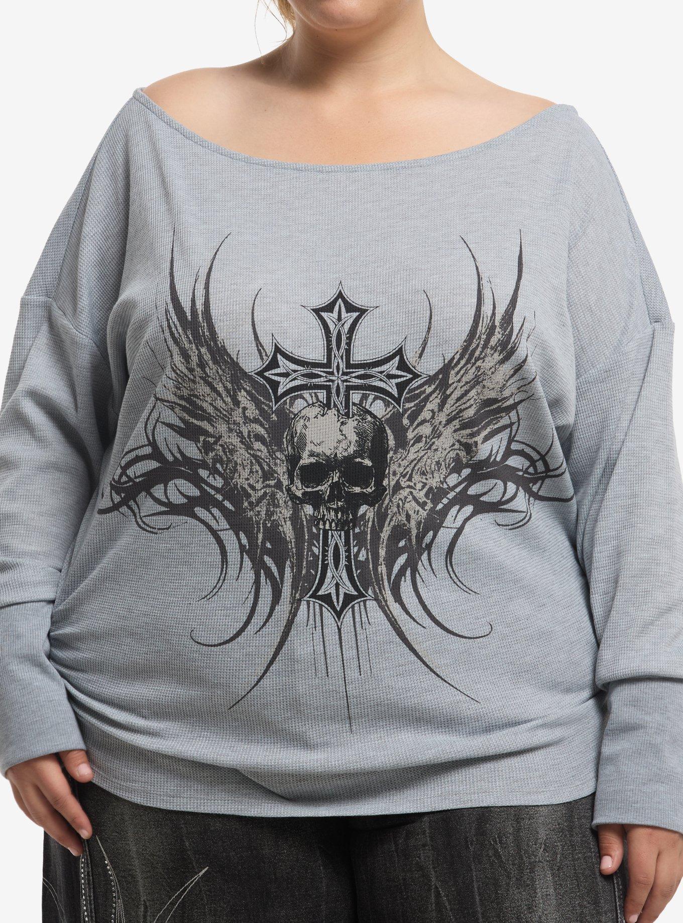 Social Collision Winged Skull Cross Girls Off-Shoulder Sweater Plus Size, , hi-res