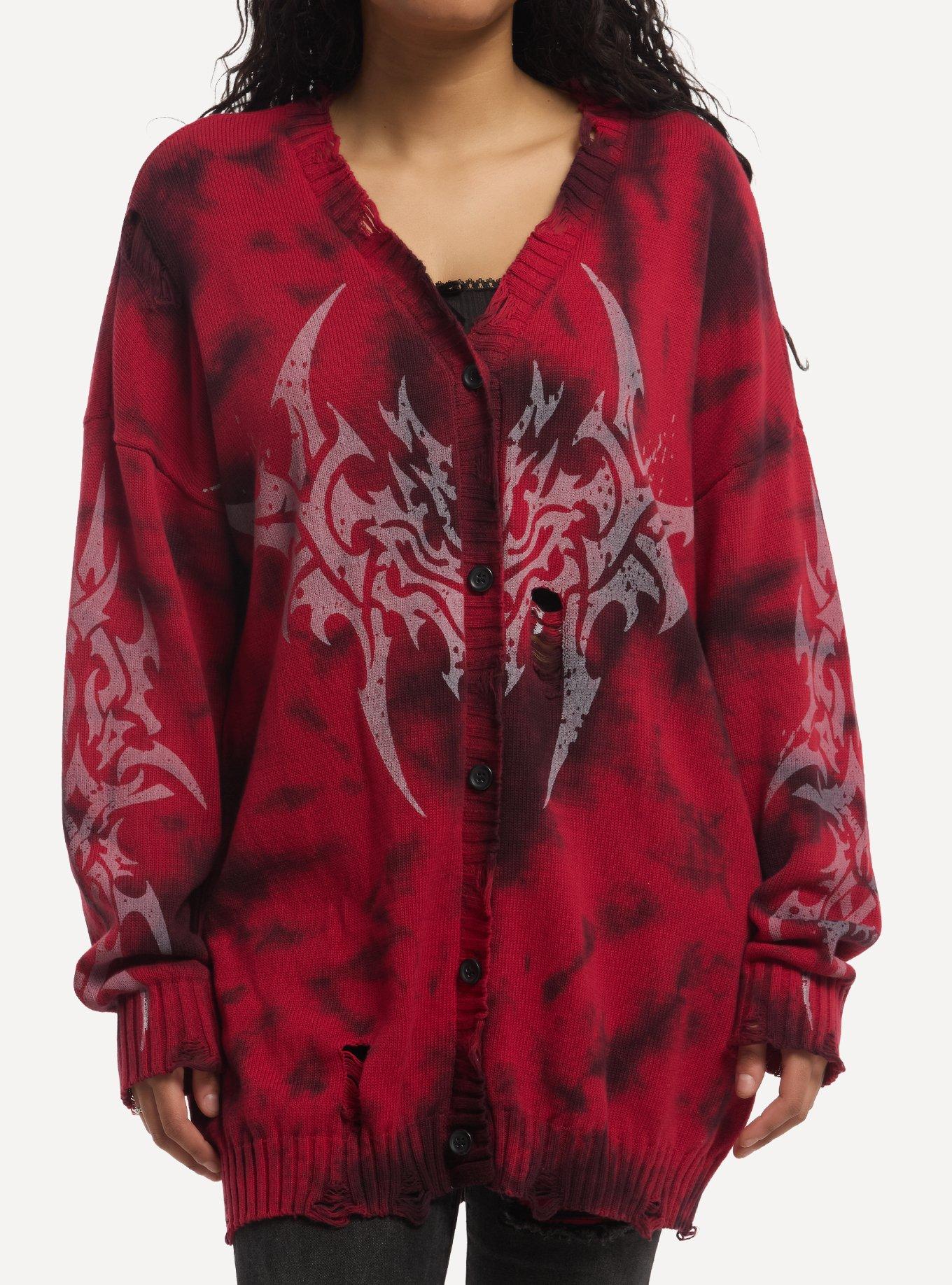 Social Collision Cyber Sigil Red Wash Girls Oversized Cardigan, , hi-res