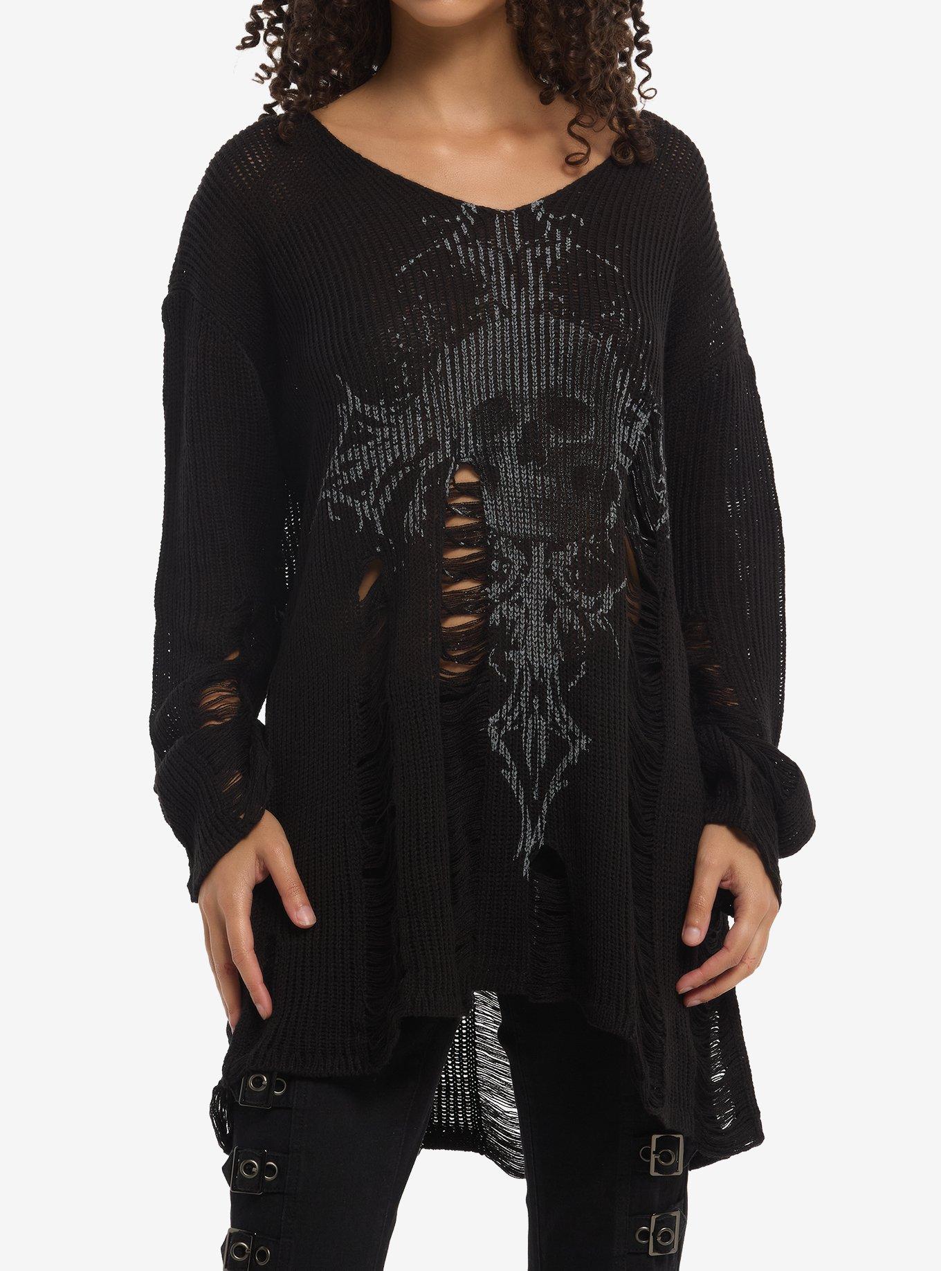 Social Collision Skull Cross Distressed Hi-Low Girls Sweater, , hi-res