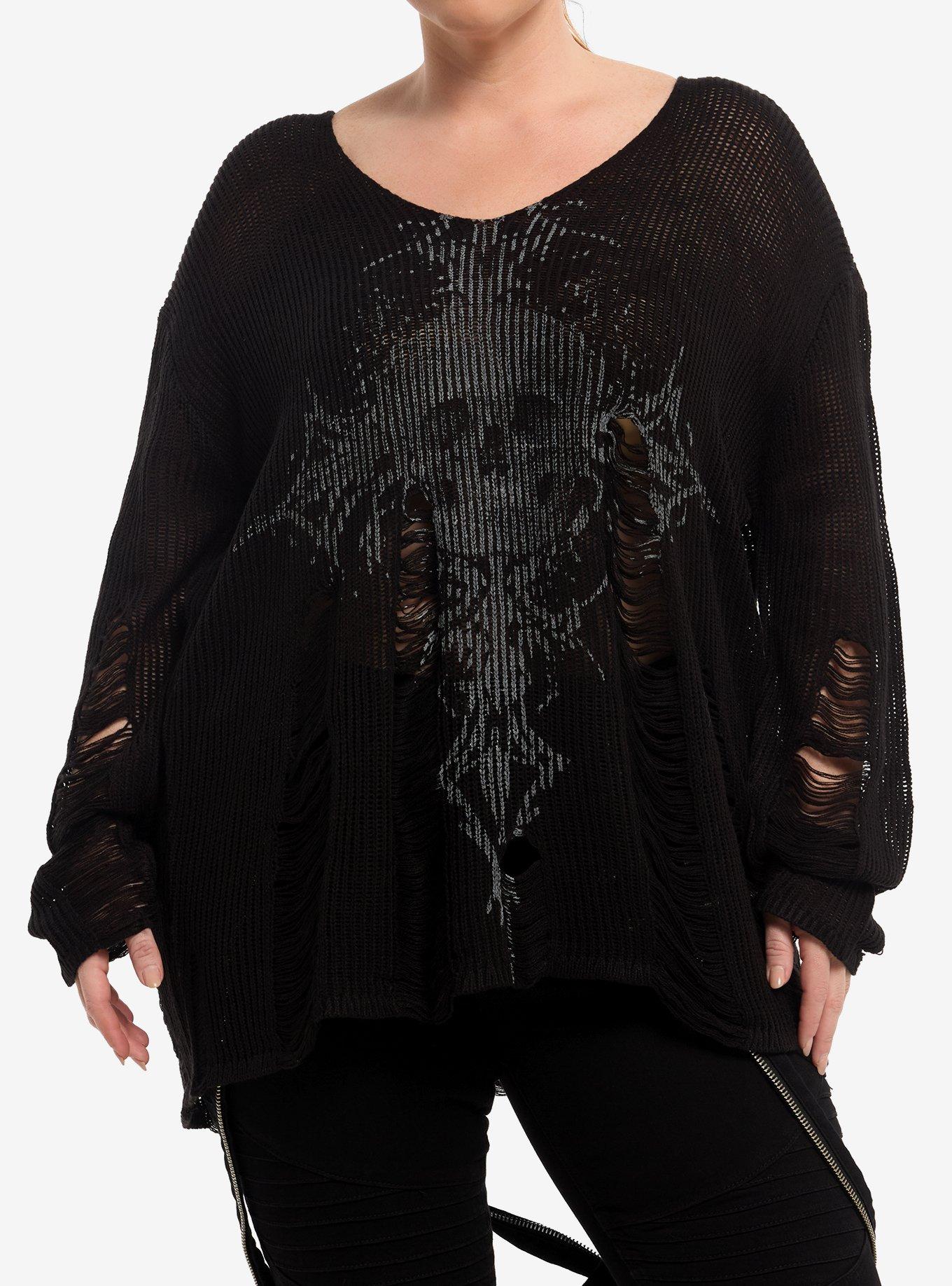 Social Collision Skull Cross Distressed Hi-Low Girls Sweater Plus Size, , hi-res