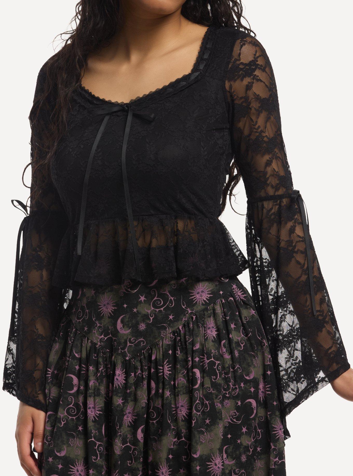 Thorn & Fable Black Lace Peplum Bell-Sleeve Girls Long-Sleeve Top, , hi-res