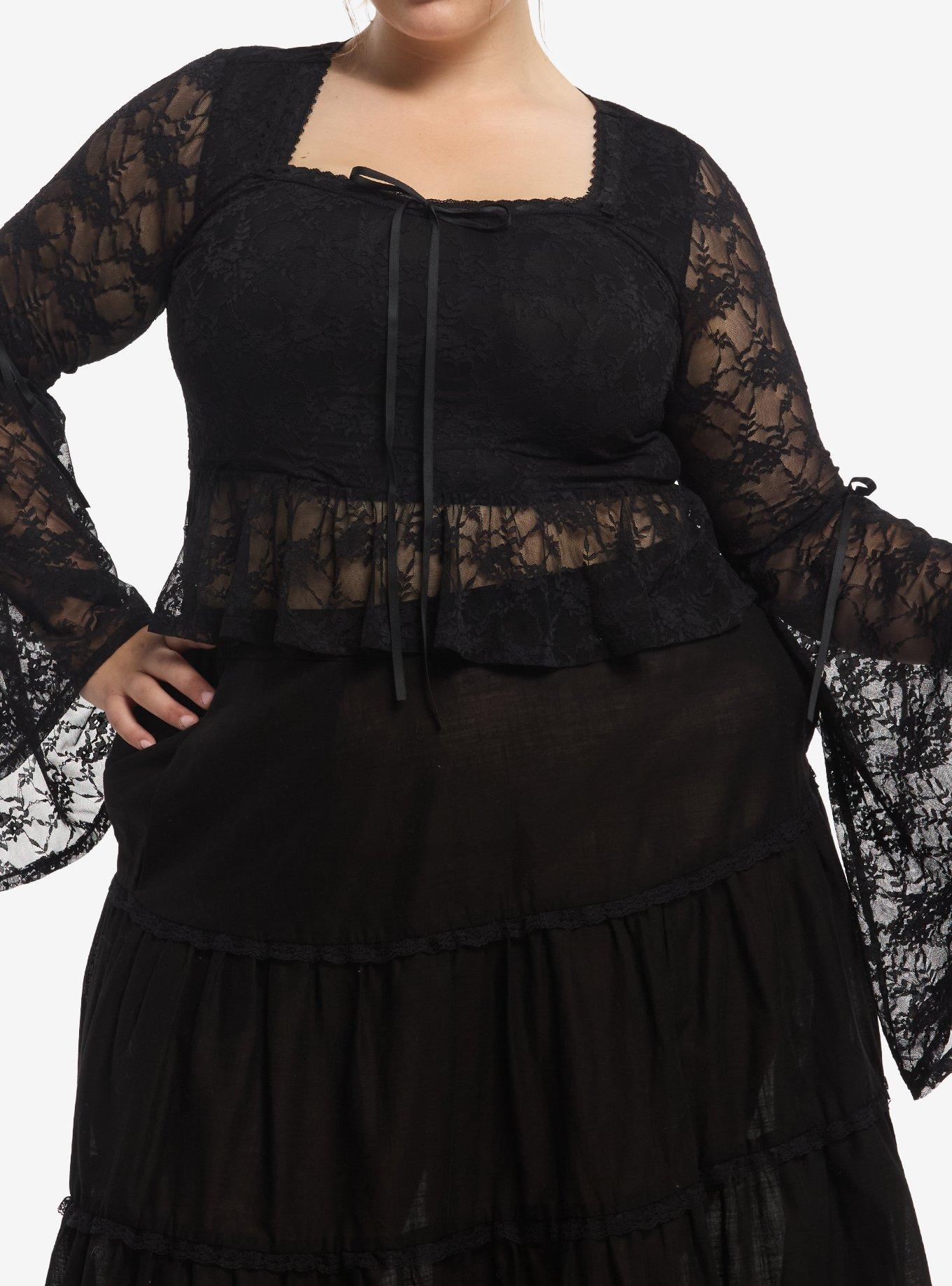 Thorn & Fable Black Lace Peplum Bell-Sleeve Girls Long-Sleeve Top Plus Size, , hi-res