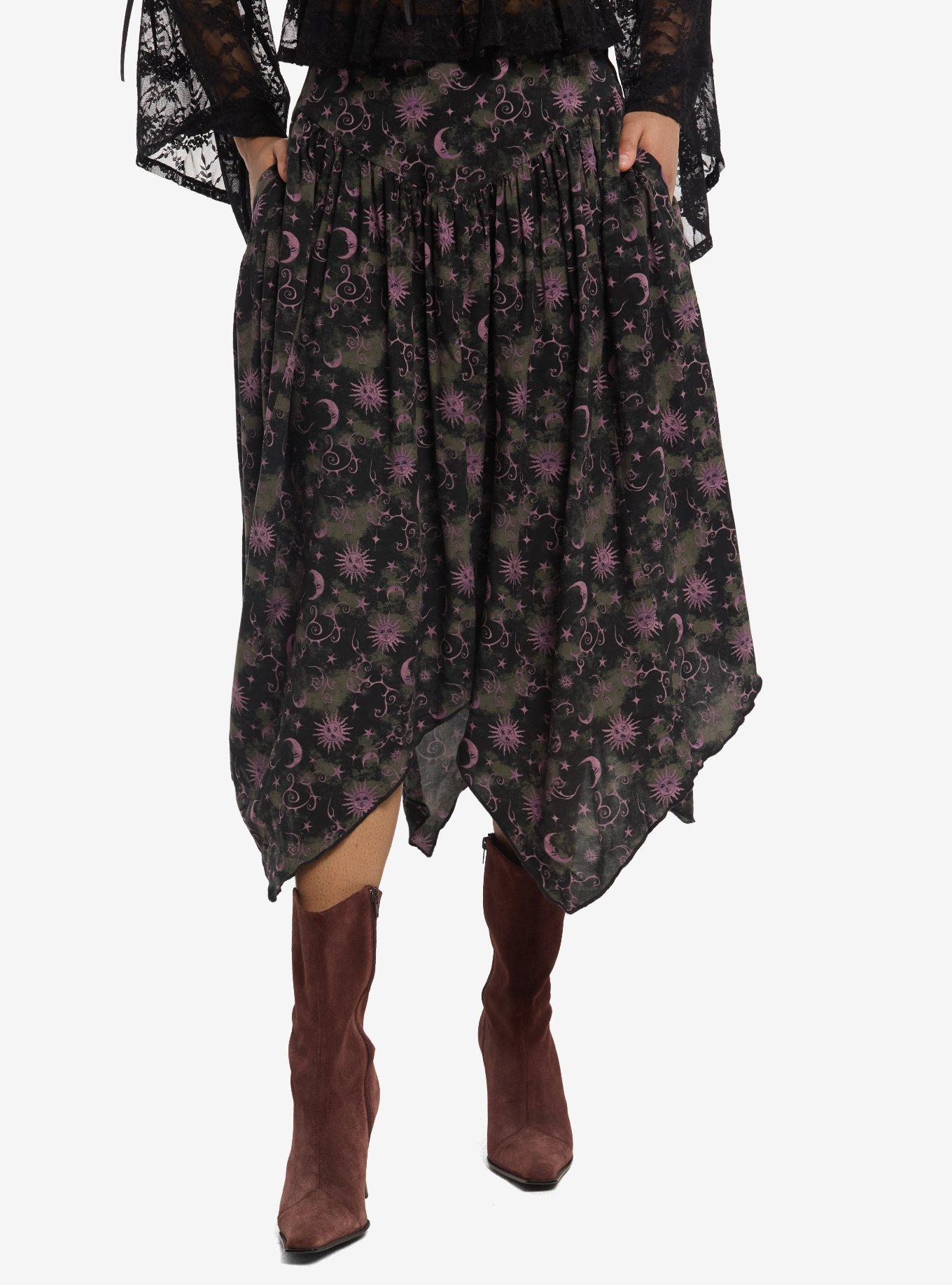 Thorn & Fable Green & Purple Celestial Hanky Hem Midi Skirt, , hi-res