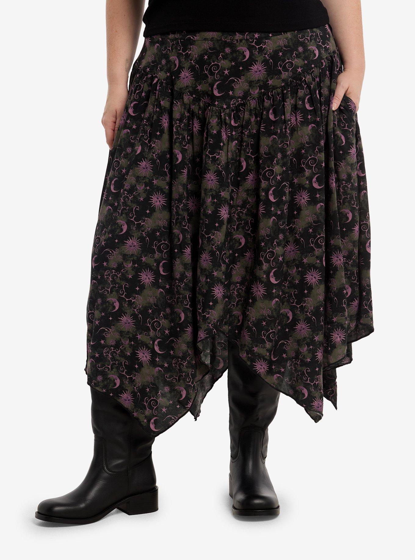 Thorn & Fable Green & Purple Celestial Hanky Hem Midi Skirt Plus Size, , hi-res