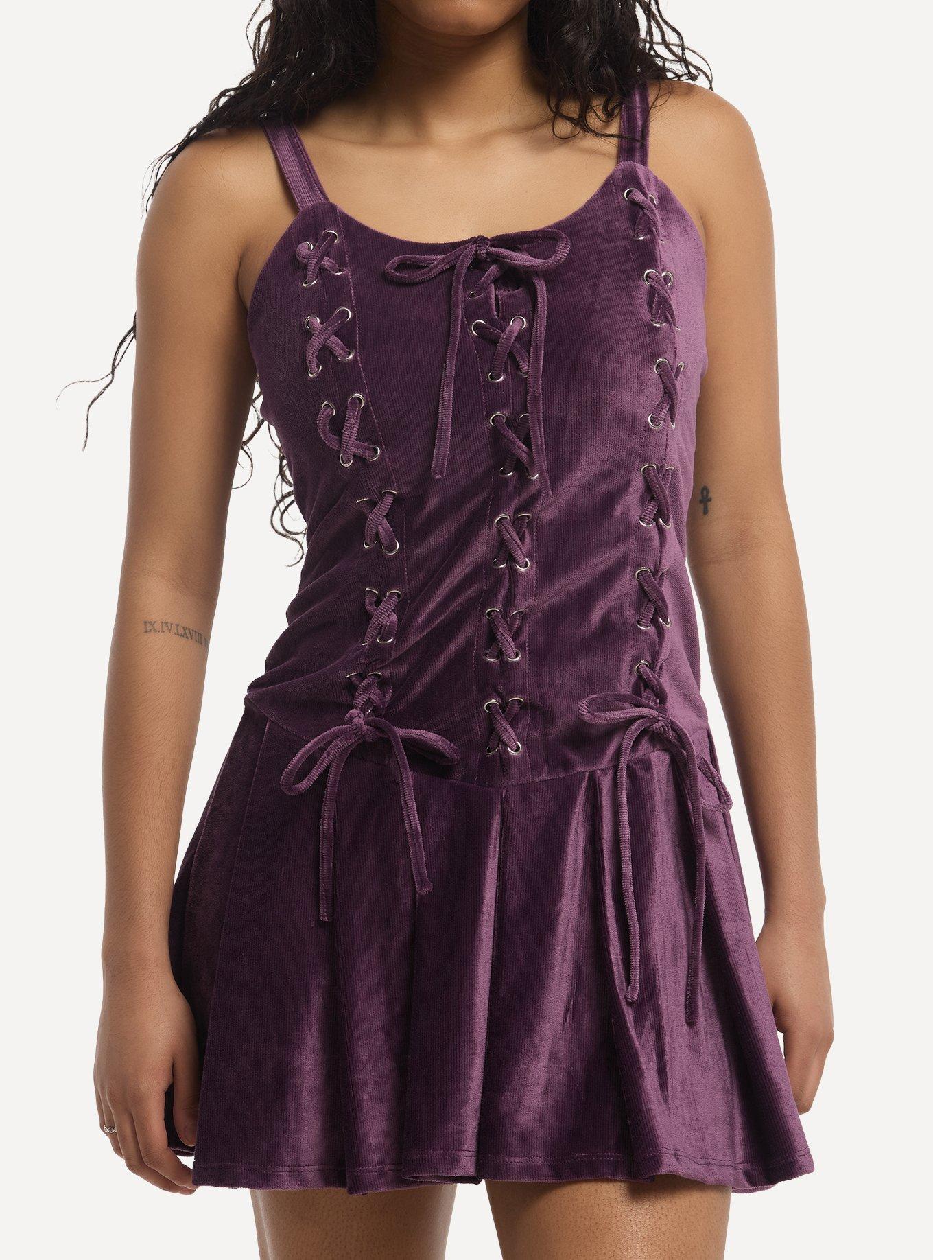 Thorn & Fable Purple Corduroy Lace-Up Cami Dress, , hi-res