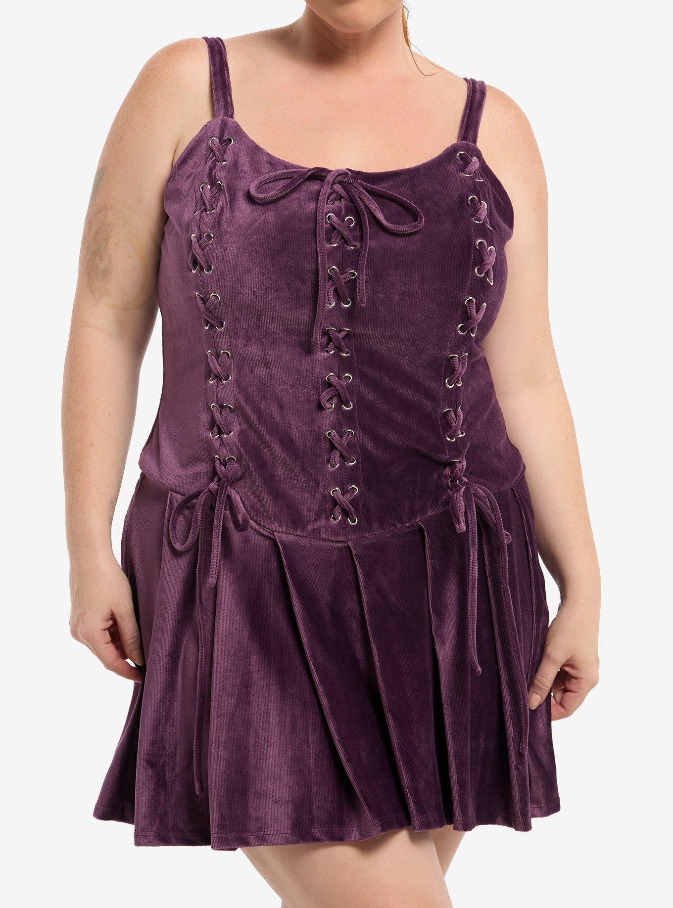 Thorn & Fable Purple Corduroy Lace-Up Cami Dress Plus Size, , hi-res