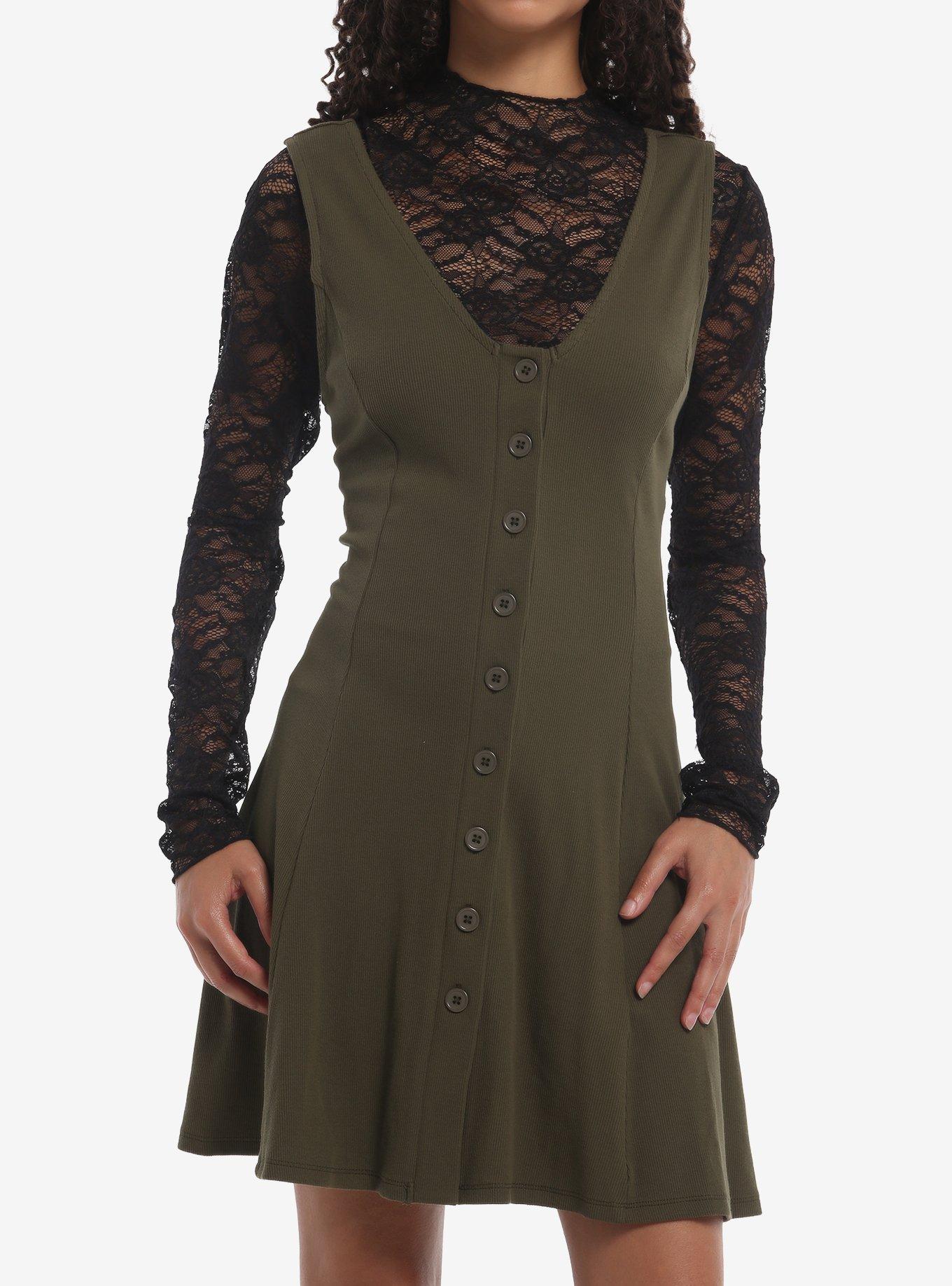 Thorn & Fable Olive Green Black Lace Twofer Dress, , hi-res