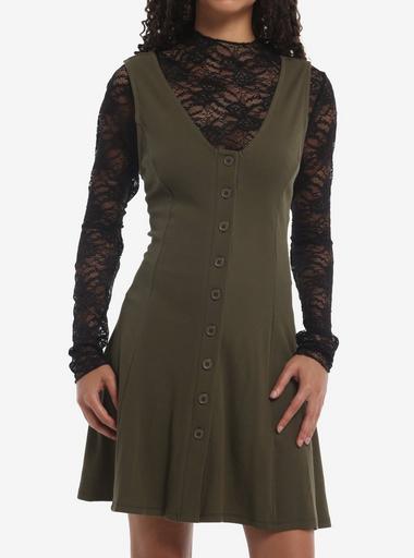 hot topic green dress Thorn & Fable Olive Black Lace Twofer lace cami dress