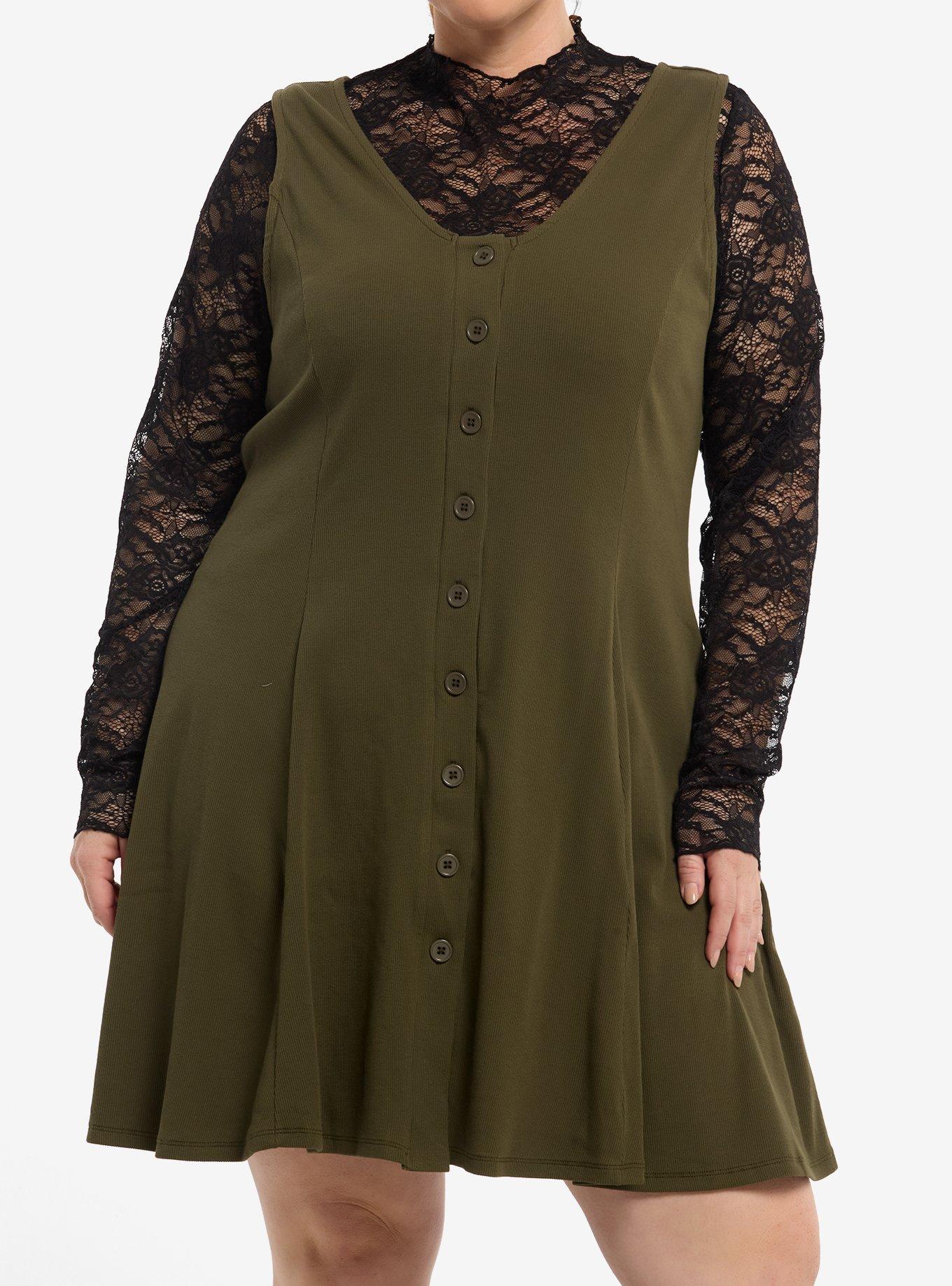 Thorn & Fable Olive Green Black Lace Twofer Dress Plus Size, , hi-res