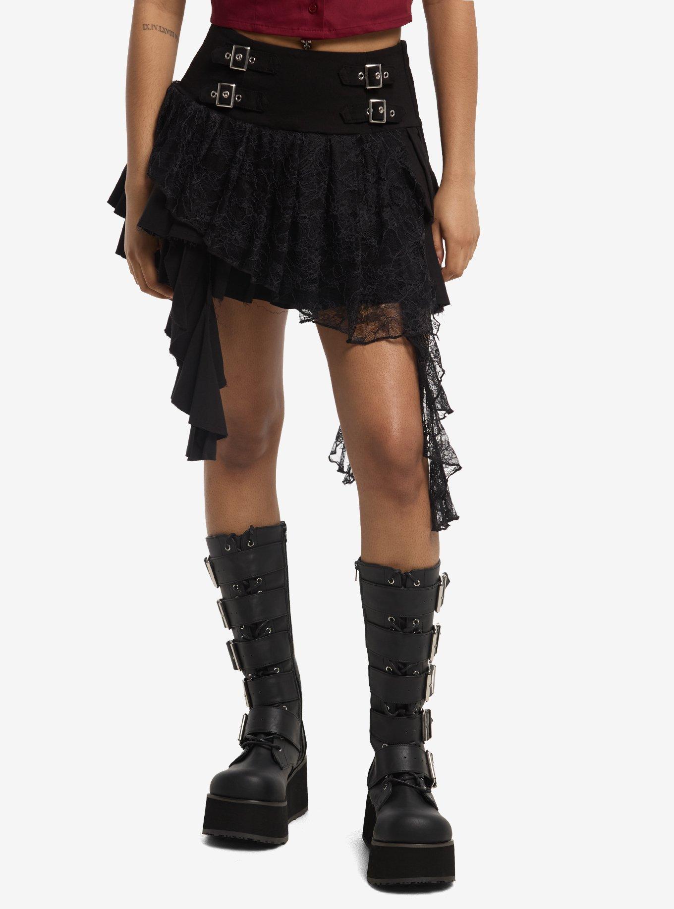 Social Collision Buckle Lace Ruffle Mini Skirt, , hi-res