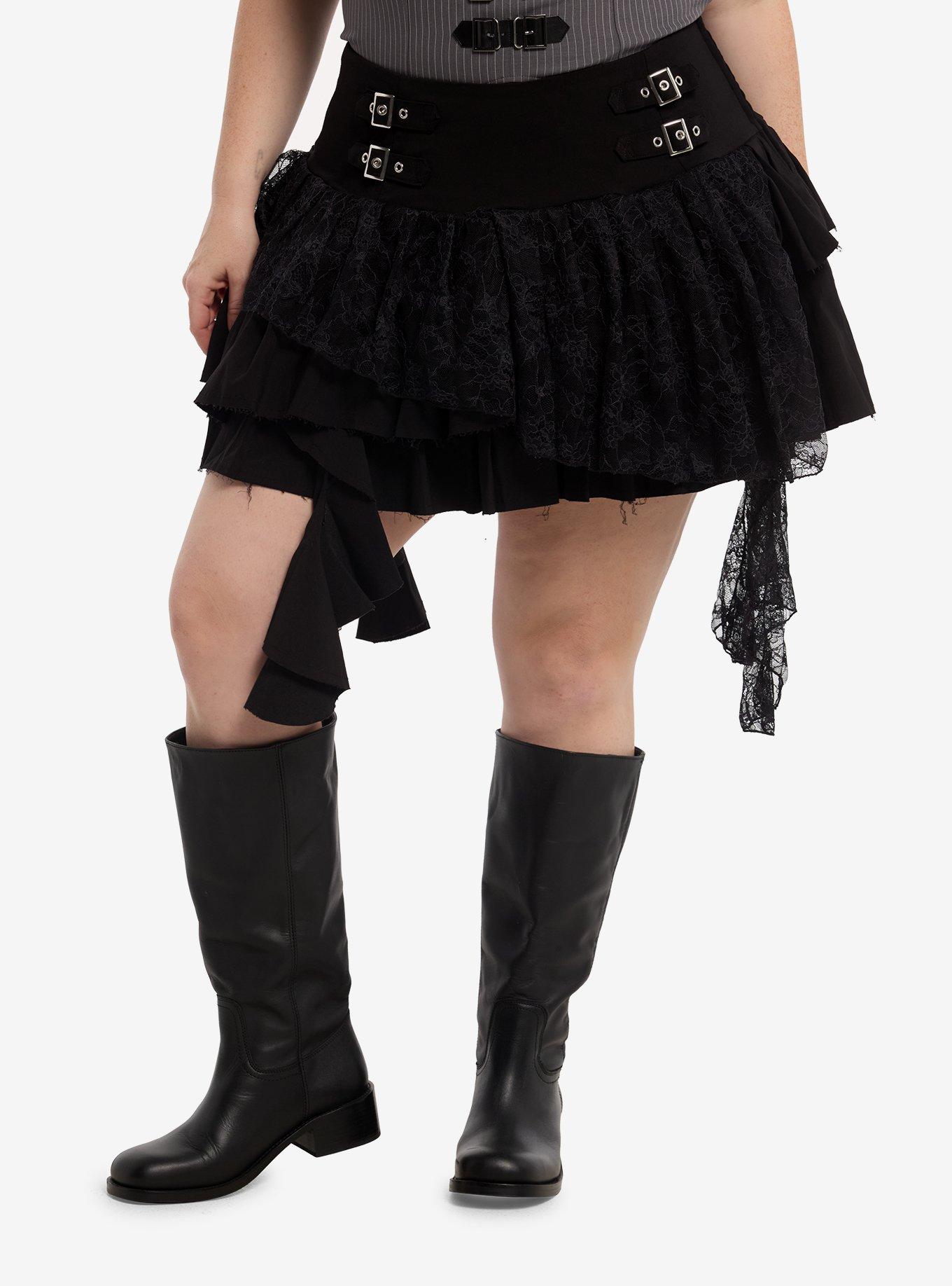 Social Collision Buckle Lace Ruffle Mini Skirt Plus Size, , hi-res