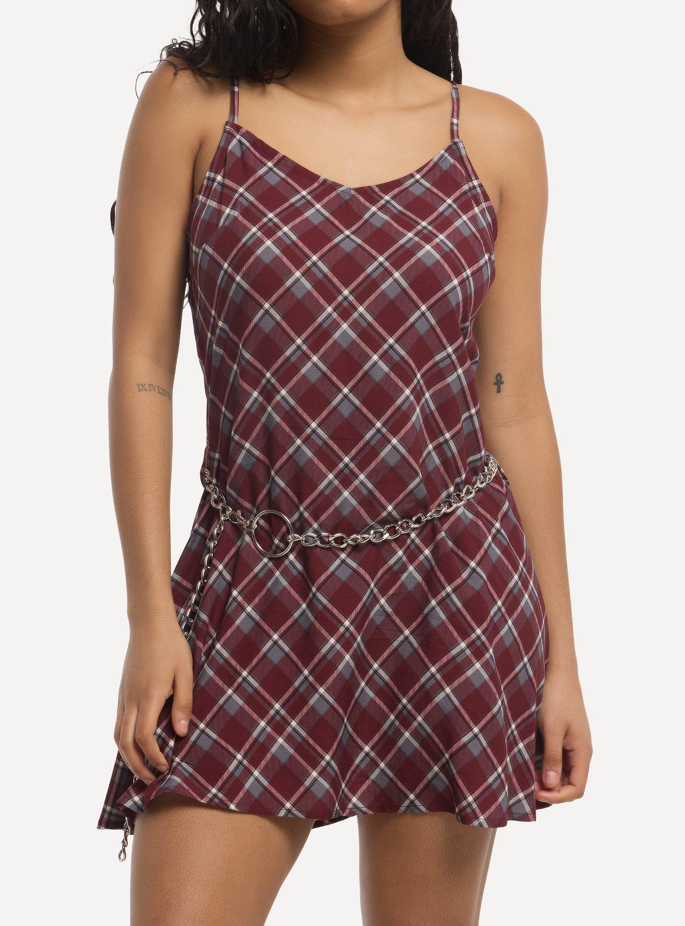 Social Collision Burgundy Plaid Cami Dress With Belt, , hi-res