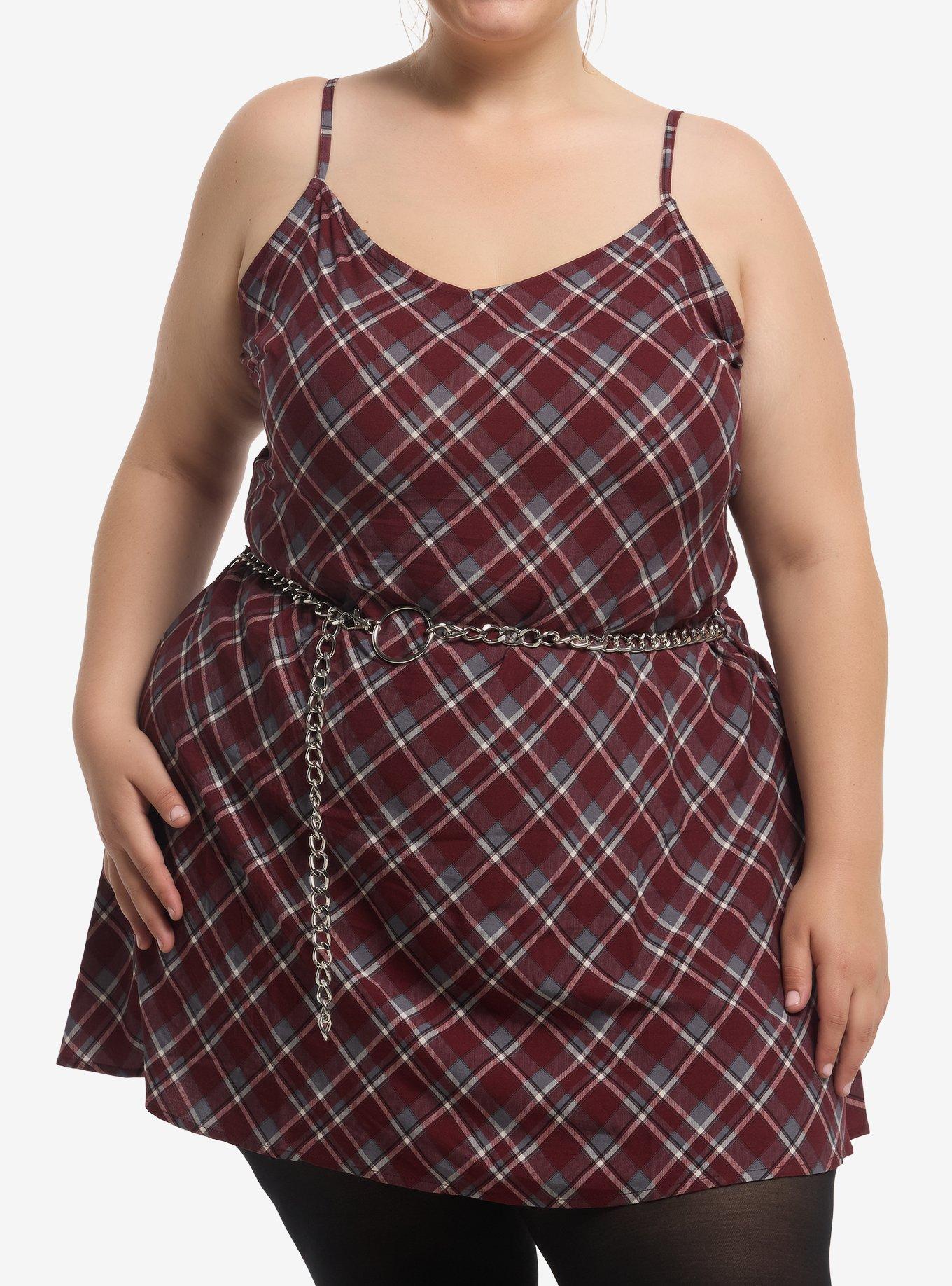 Social Collision Burgundy Plaid Cami Dress With Belt Plus Size, , hi-res