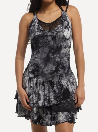 black tie dye mini dress Maija Women's Black Pleated Tie-Dye Pattern Chic Long Sleeve Mini Dress,Fitted  Night Out Outfit,Versatile Autumn Casual Dress For Music Festival