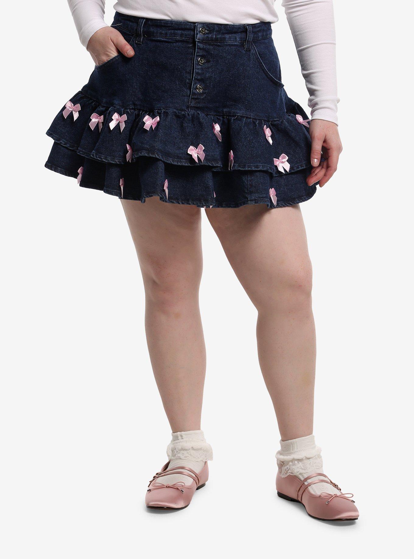 Sweet Society Dark Indigo Pink Ribbon Tiered Mini Skirt Plus Size, , hi-res