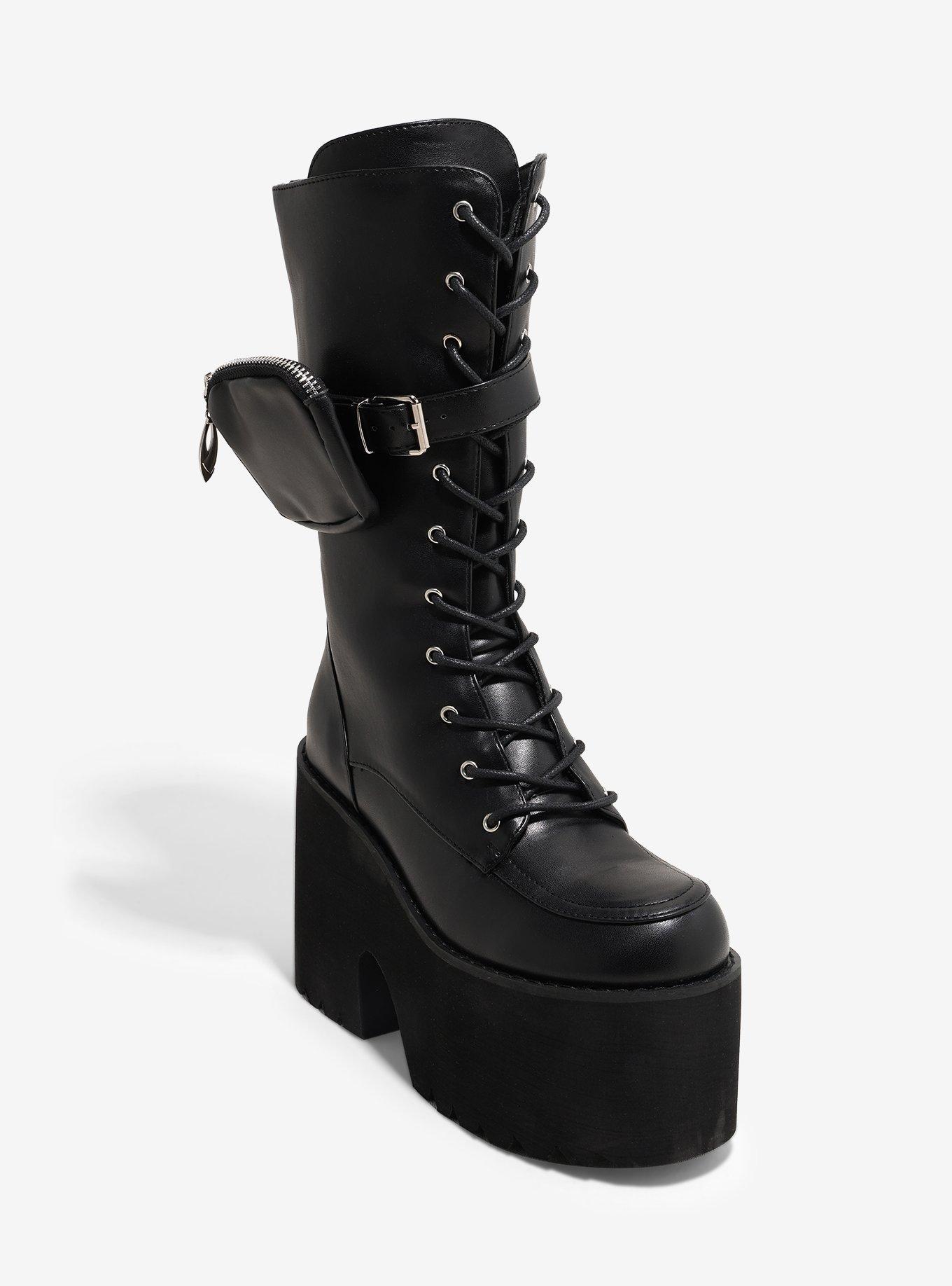 Black Pouch Lace-Up Platform Boots, , hi-res