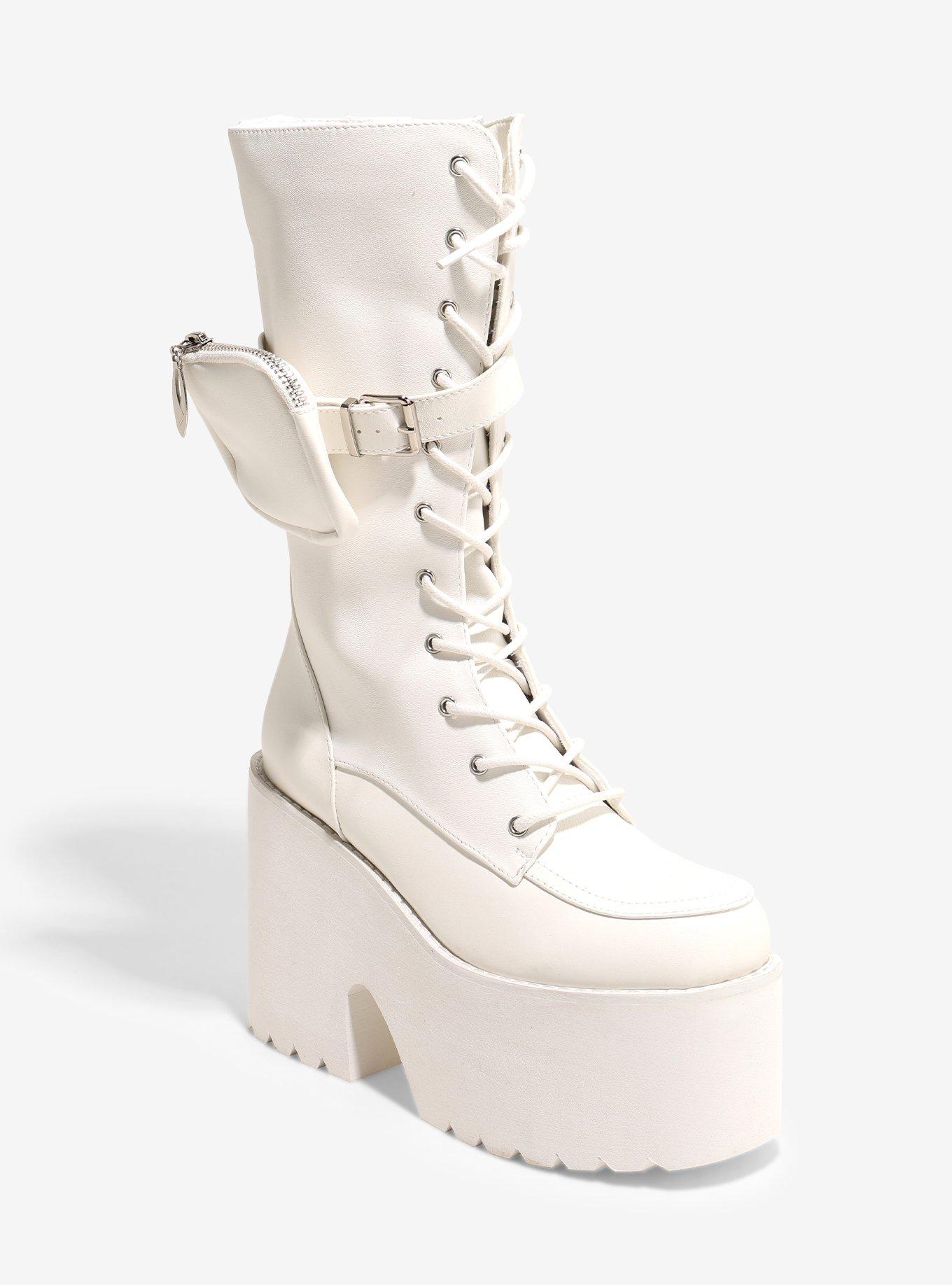 White Pouch Lace-Up Platform Boots, , hi-res