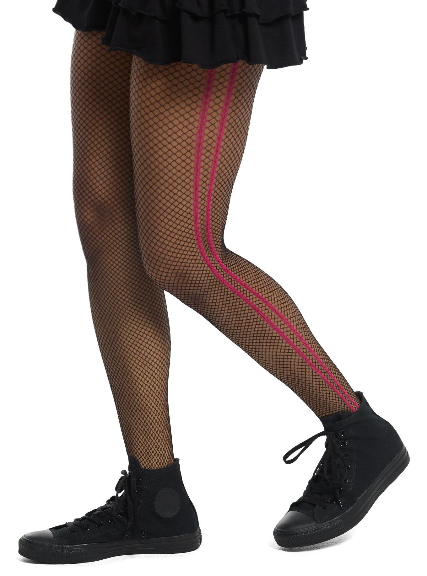 Pink Contrast Stripe Fishnet Tights, , hi-res