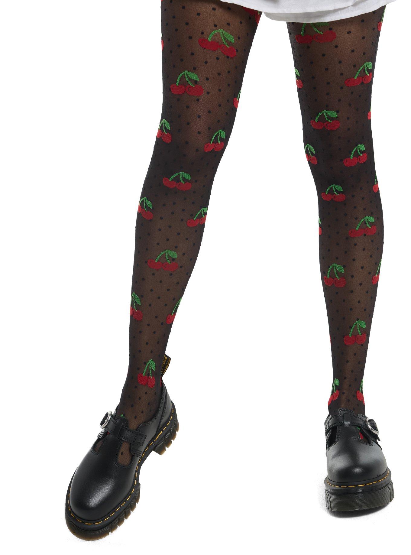 Black Polka Dot Cherry Tights, , hi-res