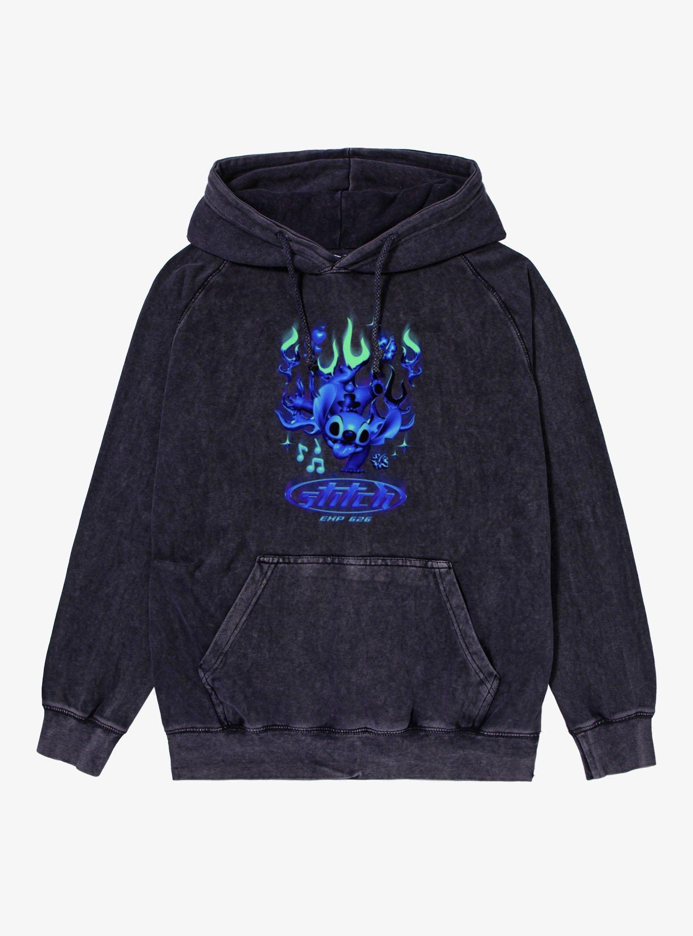 Disney Lilo & Stitch Stitch Y2K Blue Chrome Flames Mineral Wash Hoodie, , hi-res