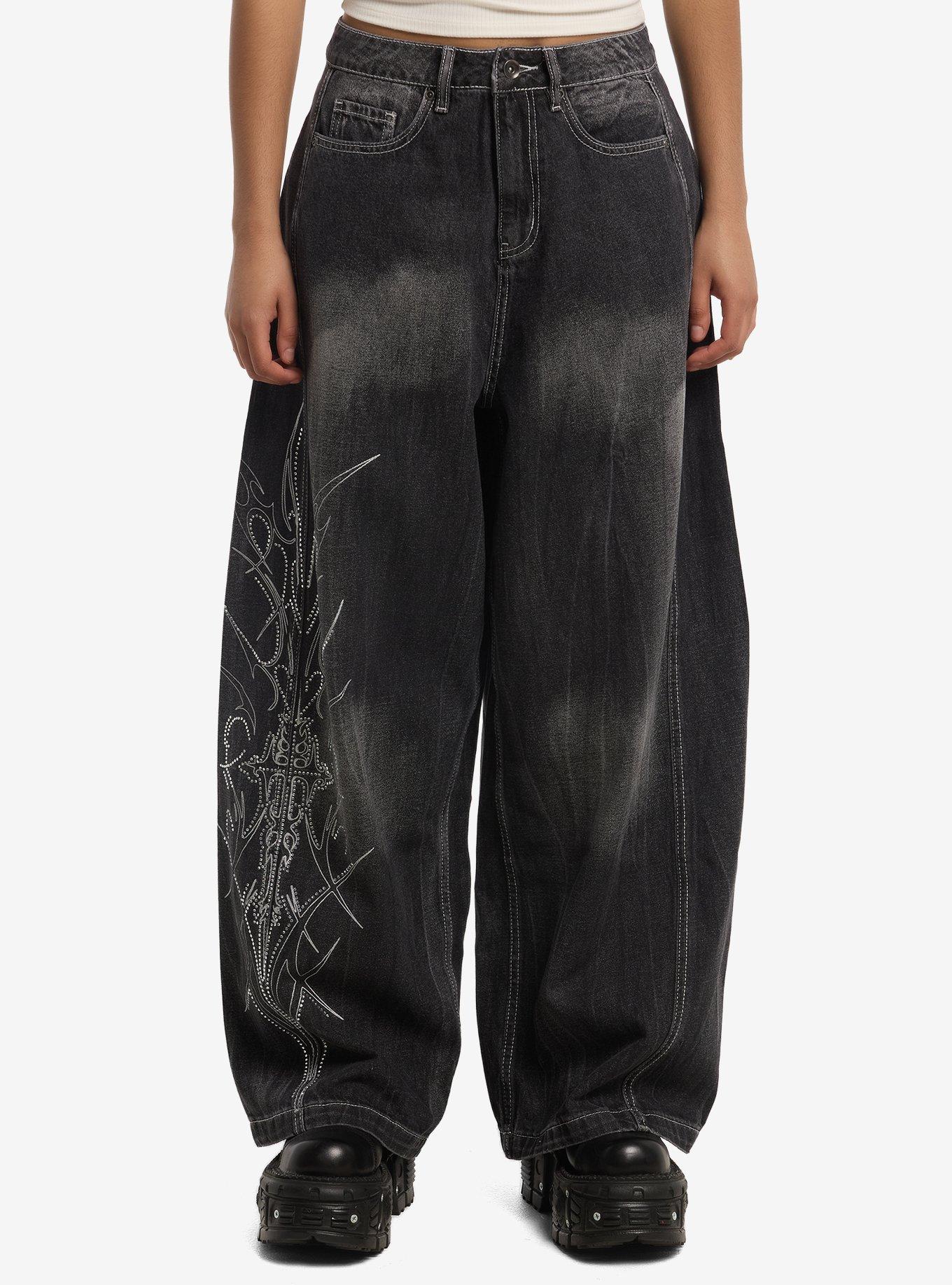 Social Collision Cyber Rhinestone Wide Taper Jeans, , hi-res