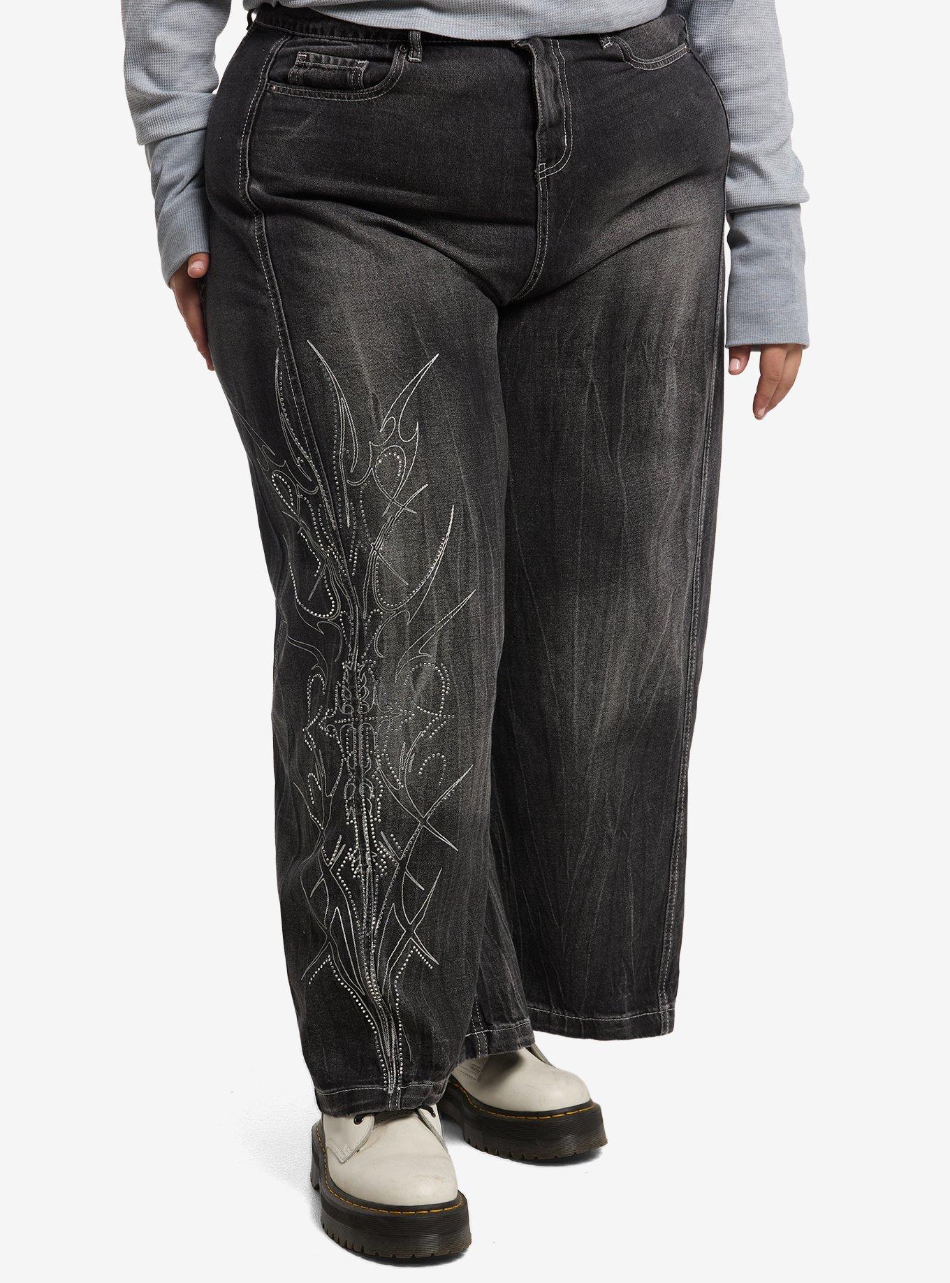 Social Collision Cyber Rhinestone Wide Taper Jeans Plus Size, , hi-res