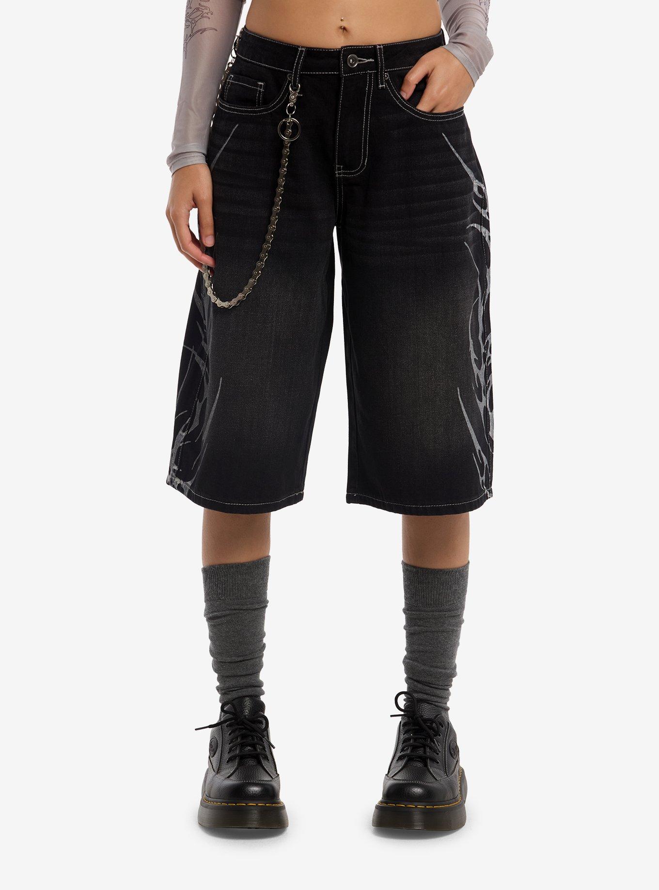 Social Collision Black Cyber Flame Side Chain Jorts | Hot Topic