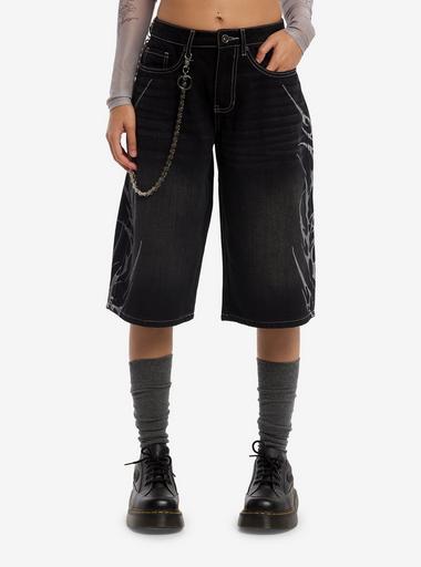 Social Collision Black Cyber Flame Side Chain Jorts | Hot Topic