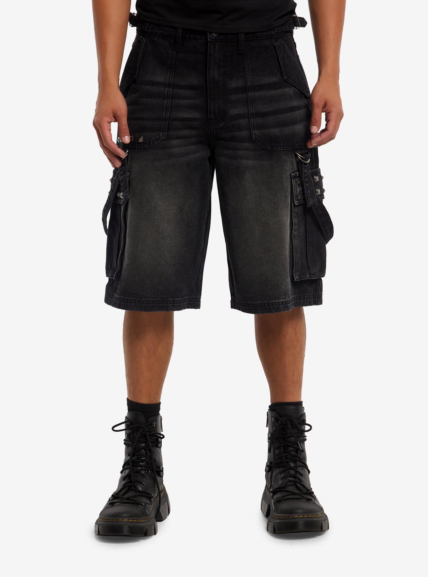 Black Wash Pyramid Stud Suspender Denim Jorts, , hi-res