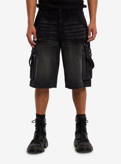Black Wash Pyramid Stud Suspender Denim Jorts | Hot Topic