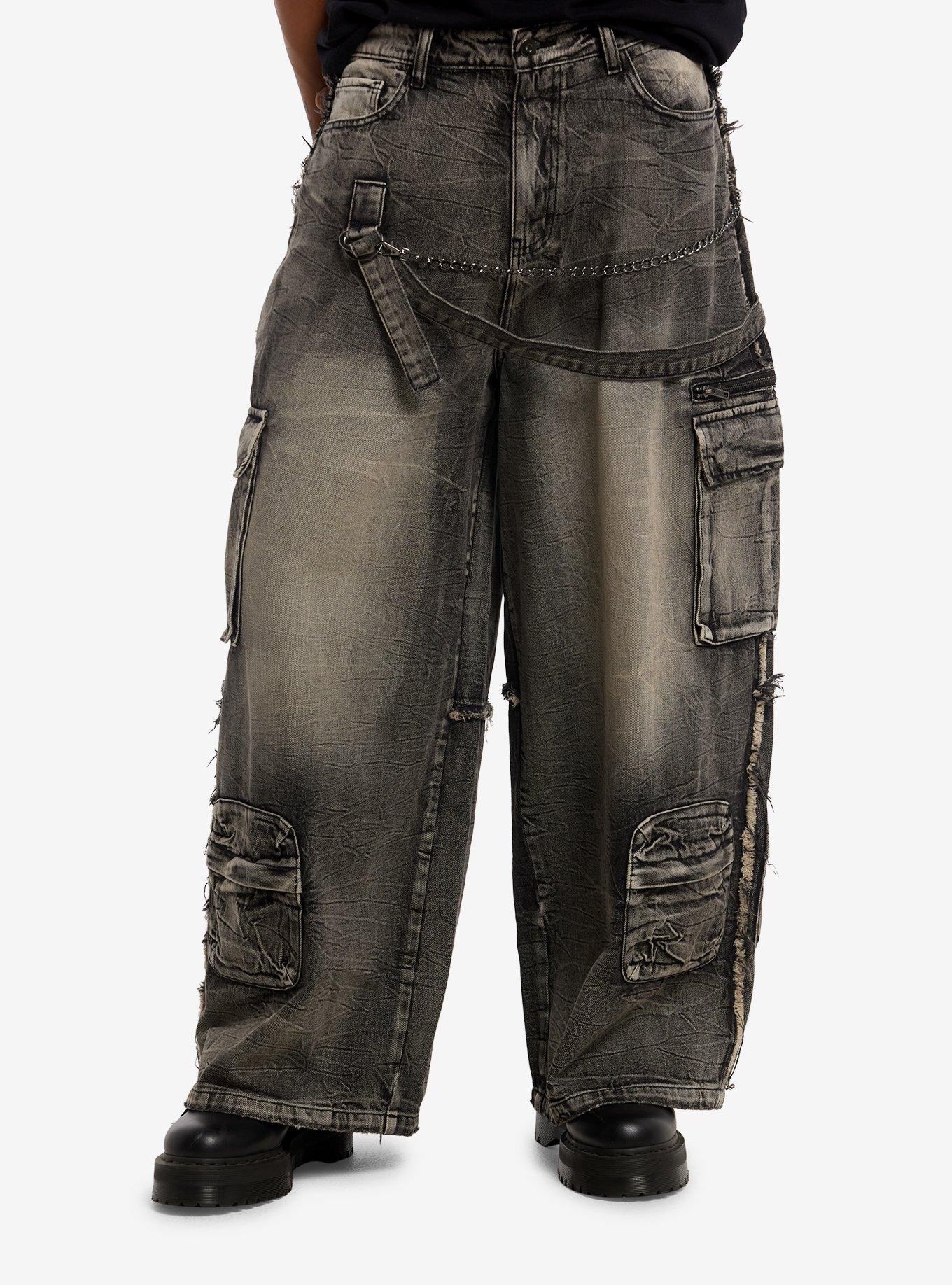 Grey Wash Strappy Cargo Barrel Jeans, , hi-res