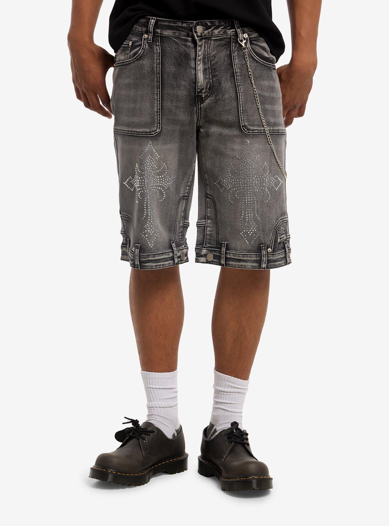Grey Cross Rhinestone Side Chain Jorts, , hi-res