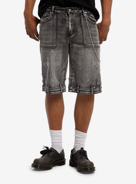 Grey Cross Rhinestone Side Chain Jorts | Hot Topic