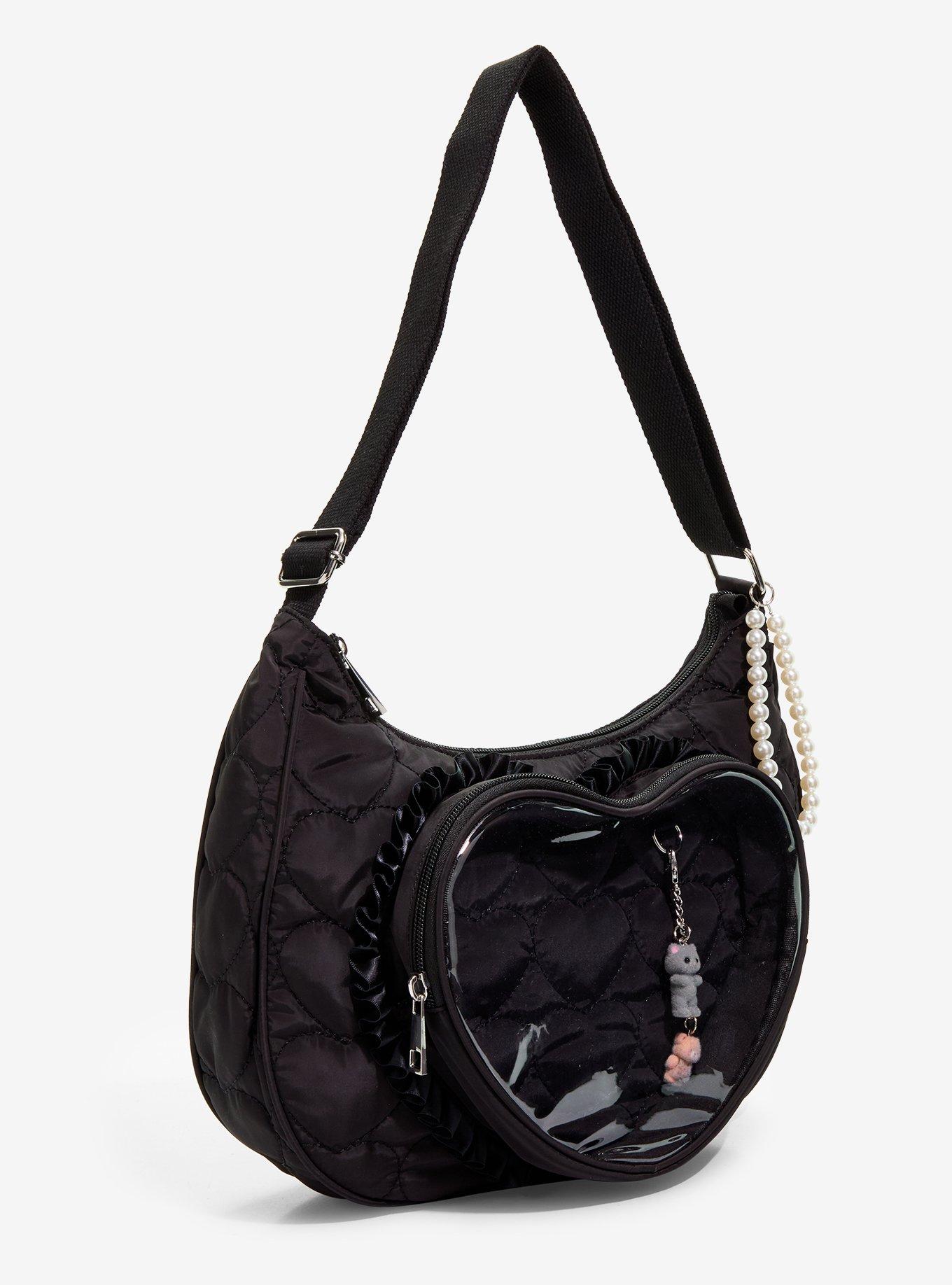 Black Quilted Heart Trinket Display Crossbody Bag, , hi-res