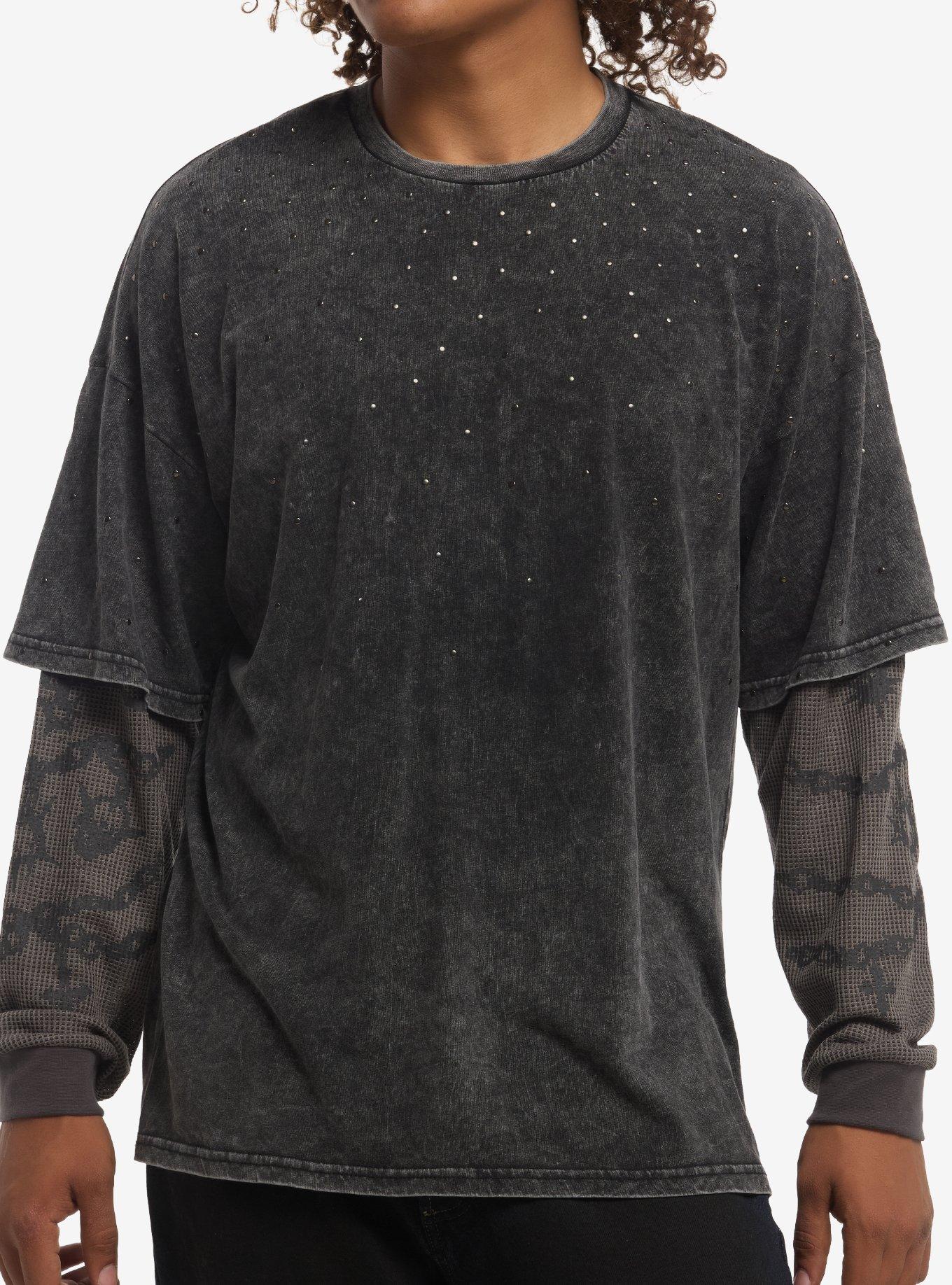 Grey Cross Chain Stud Twofer Long-Sleeve T-Shirt, , hi-res