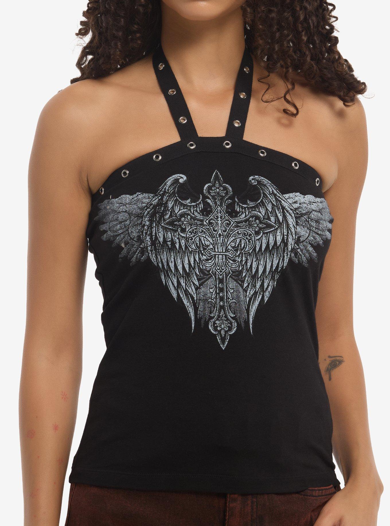 Social Collision Winged Cross Grommet Girls Halter Top, , hi-res