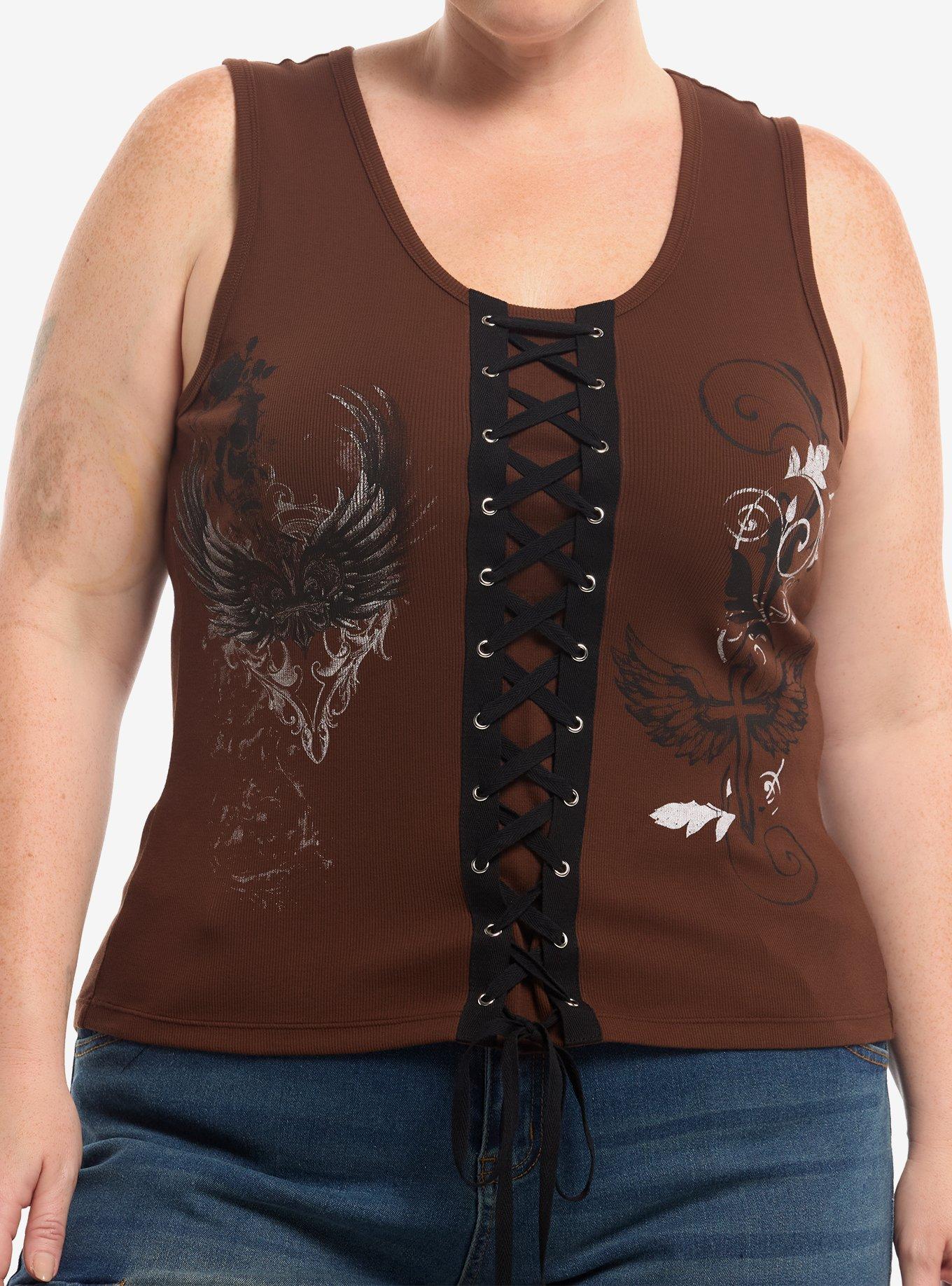 Social Collision Winged Filigree Lace-Up Girls Tank Top Plus Size, , hi-res