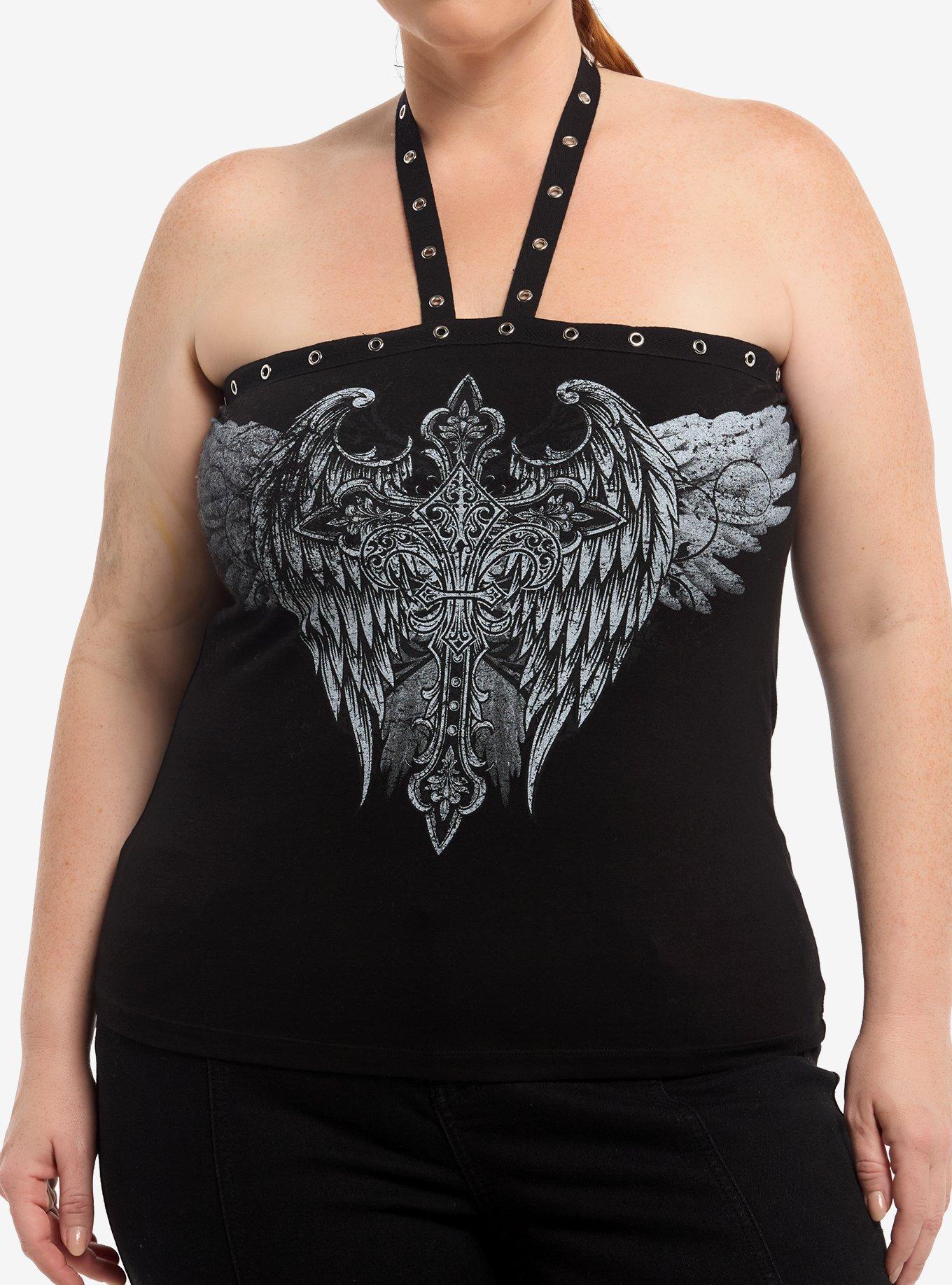 Social Collision Winged Cross Grommet Girls Halter Top Plus Size, , hi-res