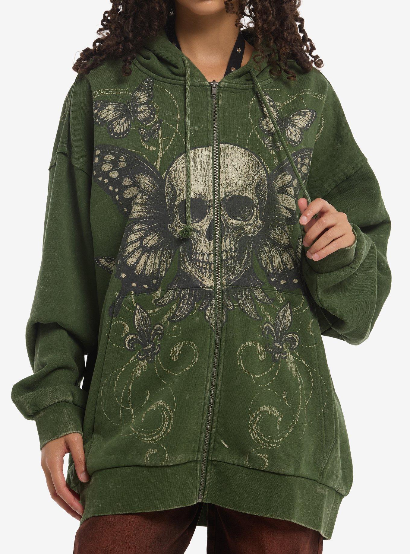 Thorn & Fable Green Skull Butterfly Girls Oversized Hoodie, , hi-res