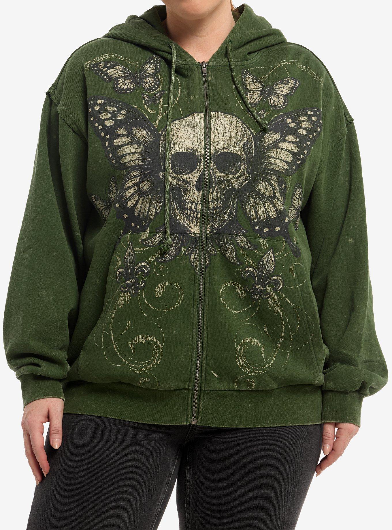 Thorn & Fable Green Skull Butterfly Girls Oversized Hoodie Plus Size, , hi-res
