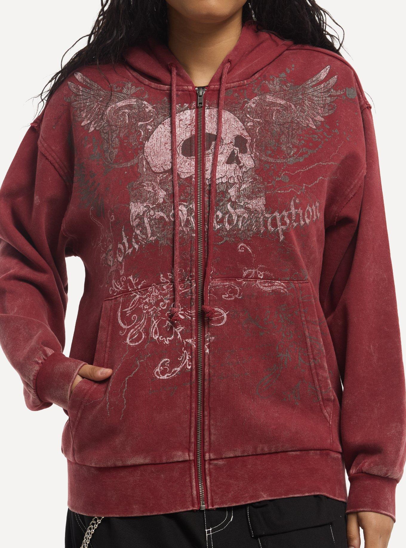 Social Collision Burgundy Winged Skull Girls Oversized Hoodie, , hi-res