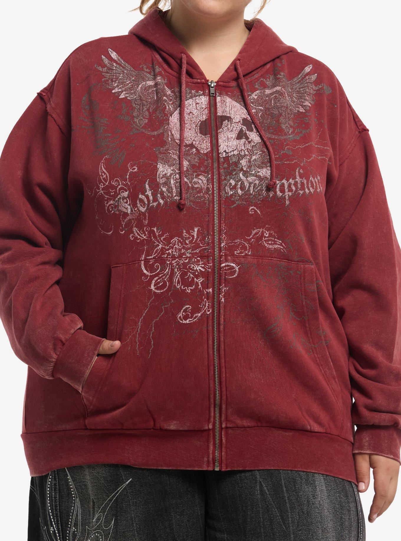 Social Collision Burgundy Winged Skull Girls Oversized Hoodie Plus Size, , hi-res
