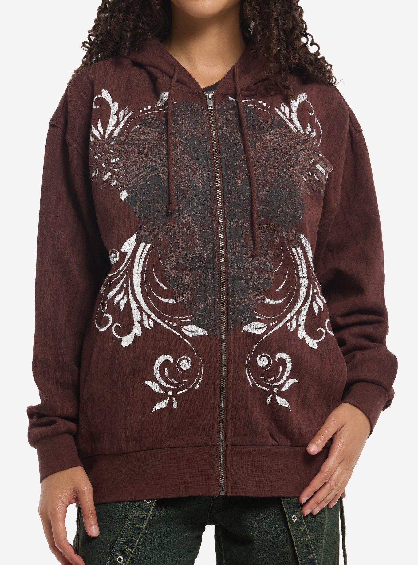 Social Collision Brown Winged Cross Girls Oversized Hoodie, , hi-res