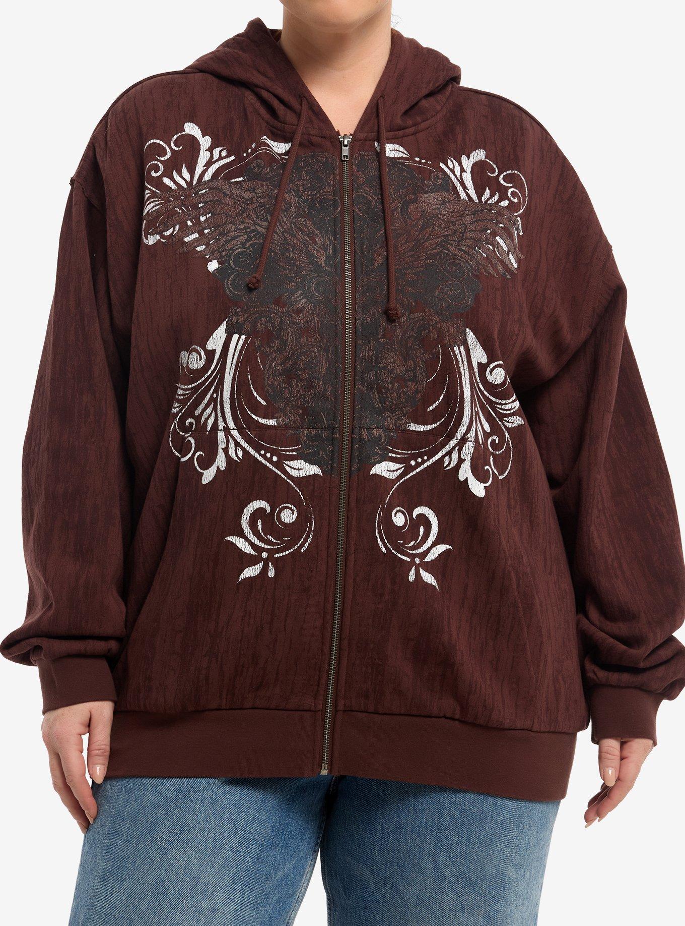 Social Collision Brown Winged Cross Girls Oversized Hoodie Plus Size, , hi-res