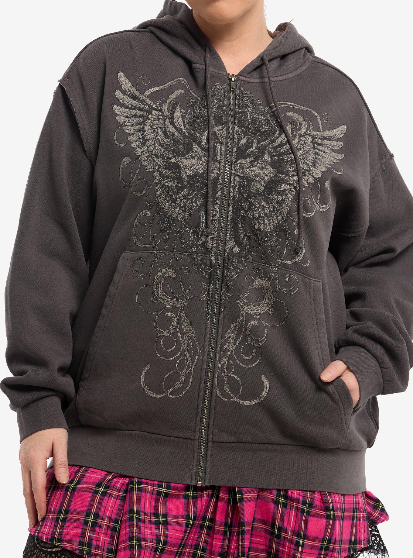 Social Collision Grey Winged Cross Girls Oversized Hoodie Plus Size, , hi-res