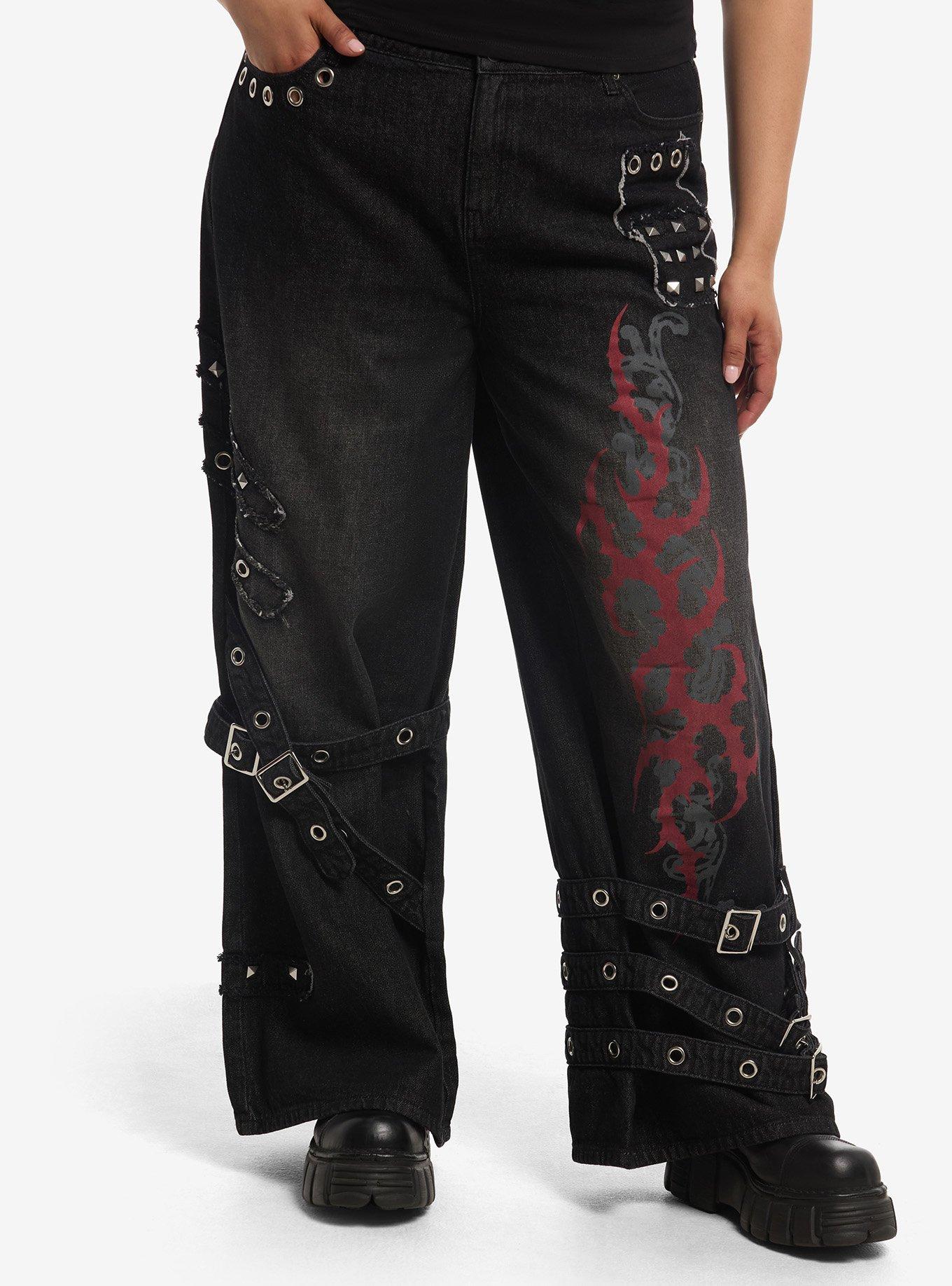 Social Collision Grommet Strap Stud Wide Leg Jeans Plus Size, , hi-res