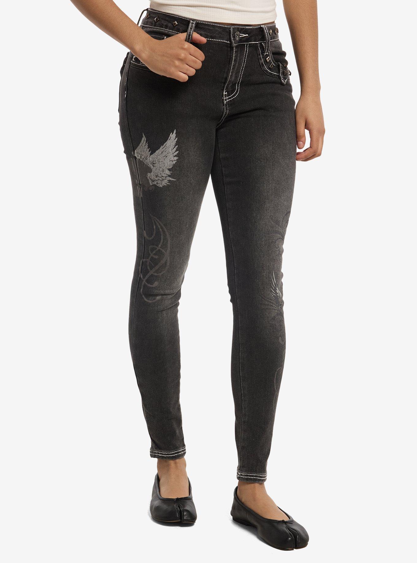 Social Collision Winged Skull Stud Skinny Jeans, , hi-res