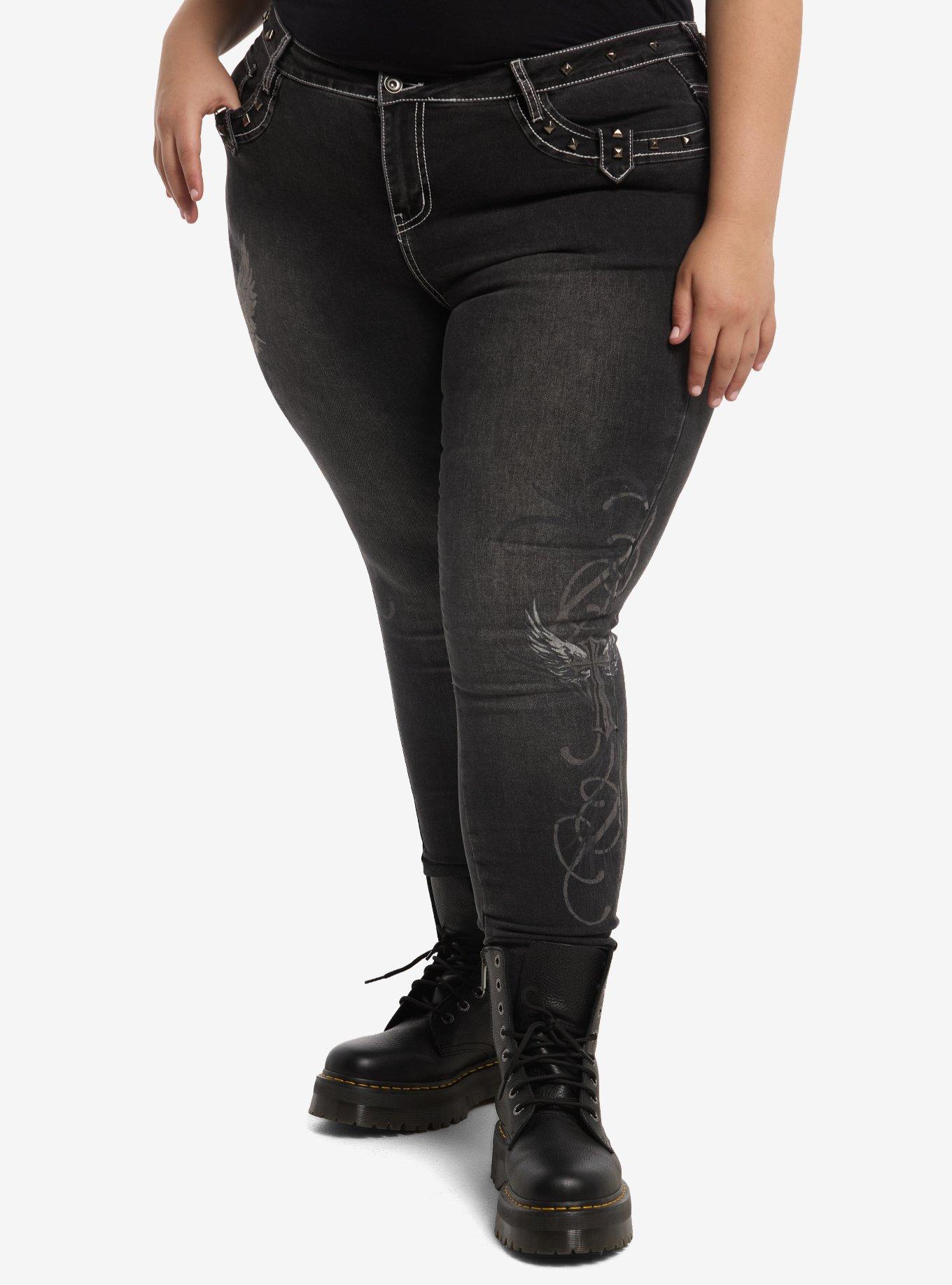 Social Collision Winged Skull Rhinestone Skinny Jeans Plus Size, , hi-res